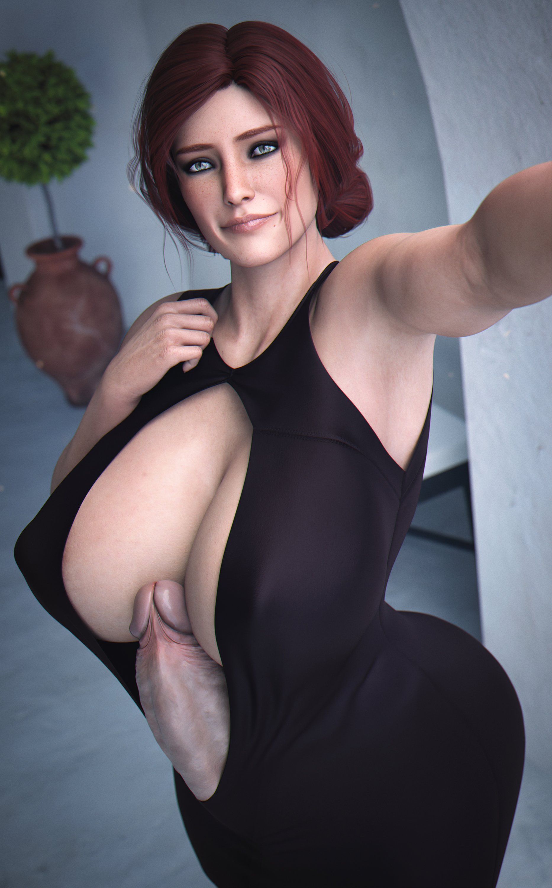 1futa, 3d, autopaizuri, breasts, cd projekt red, dress, futa only, futanari, huge breasts, huge cock, ineffective clothing, intersex, looking at viewer, mostly clothed, paizuri, penis, selfie, solo, stevencarson, the witcher (series), the witcher 3: wild hunt, triss merigold