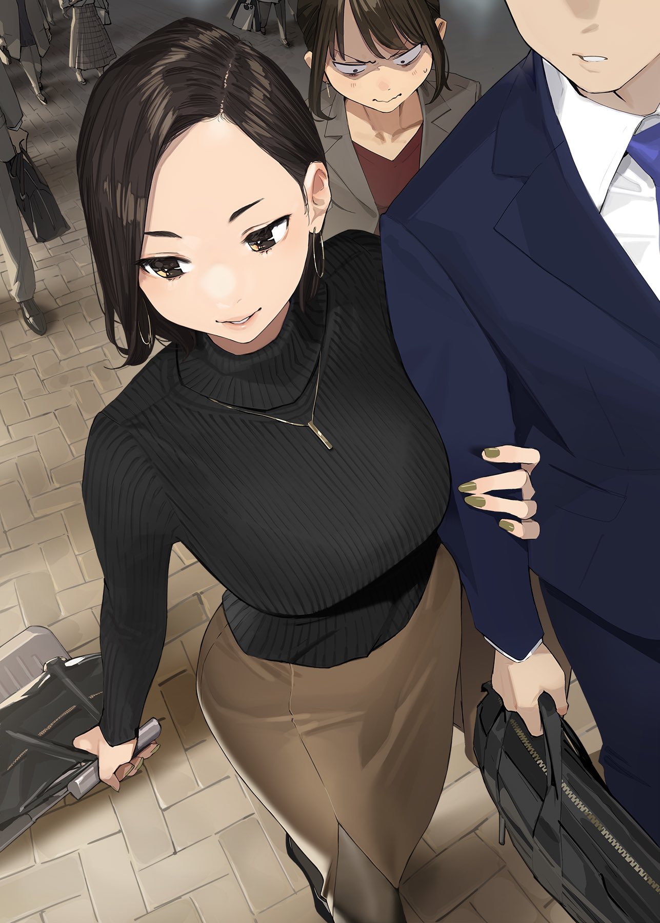 2girls brown_eyes brown_hair business_suit busty curvy douki-chan_(douki-chan) douki-kun_(douki-chan) earrings female female_only fully_clothed ganbare_douki-chan head_out_of_frame hi_res hoop_earrings jealous large_breasts lipstick mature mature_female milf nail_polish necklace pantyhose public senpai-san_(douki-chan) skirt straight sweatdrop sweater turtleneck voluptuous walking yomu_(sgt_epper)