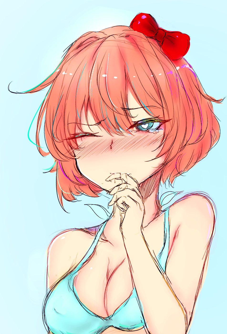 blue_background blue_bra blue_eyes blush bra cleavage crunnix doki_doki_literature_club heart-shaped_pupils just_sayori light_blue_bra sayori_(doki_doki_literature_club) strawberry_blonde_hair