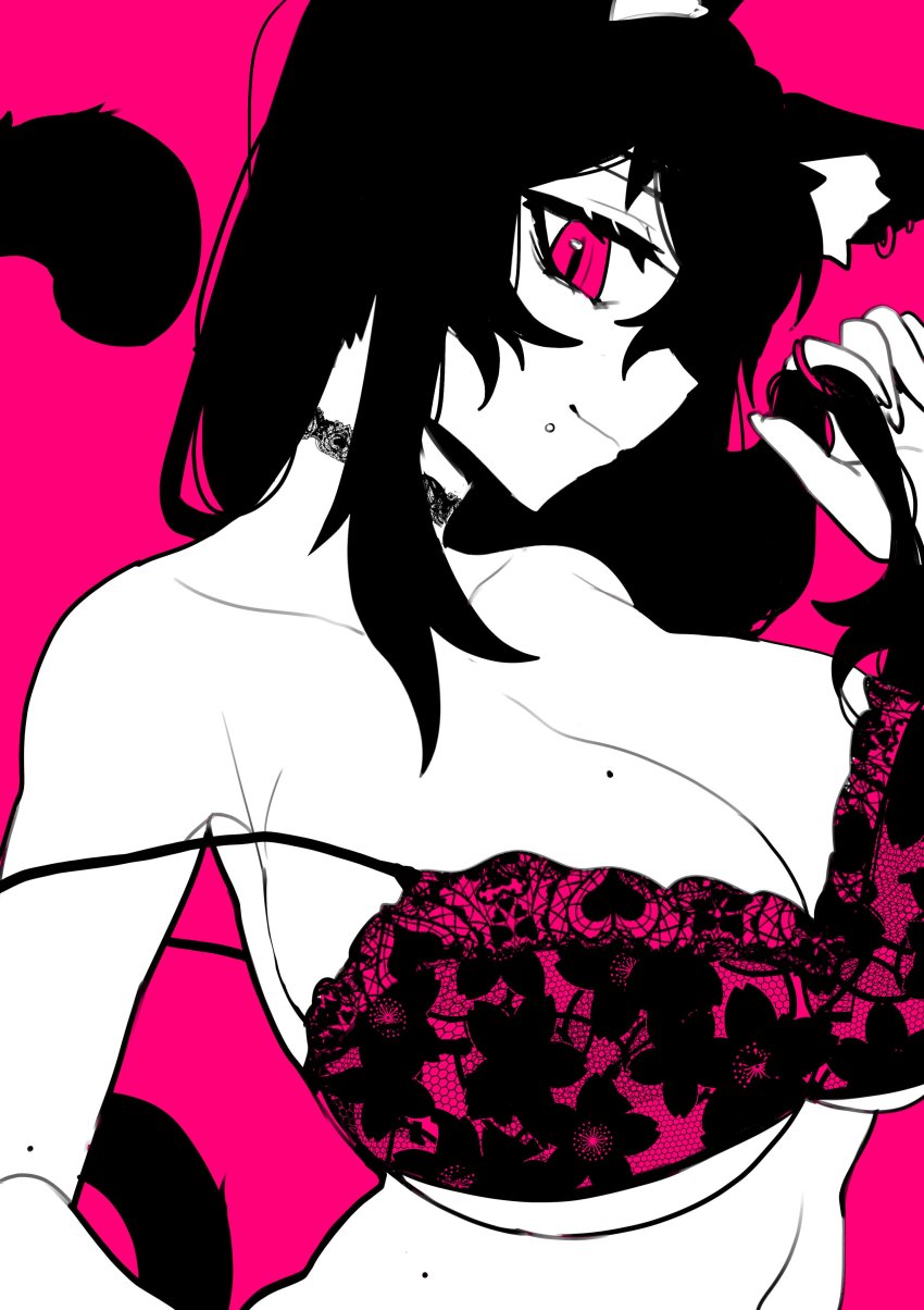 black hair, bra, breasts, cat ears, cat girl, cat tail, catgirl, choker, female, higher resolution available, large breasts, lingerie, osiimi, piercing, pink background, pink eyes, smirk, tagme