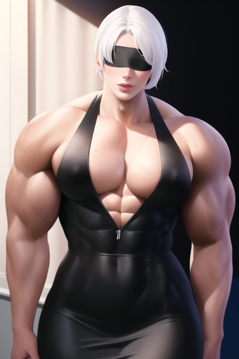 abs ai_generated ambush_(trap) bare_shoulders big_muscles blindfold genderswap_(ftm) lips looking_at_viewer male muscular muscular_male muscular_trap nai_diffusion nier:_automata rule_63 solo stable_diffusion twink twunk white_hair yorha_2b