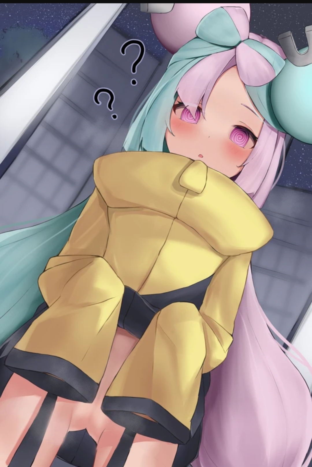 ?, @ @, 1girls, amanogawa mikan, blush, bottomless, bottomless female, female, game freak, gym leader, hypnosis, iono (pokemon), looking at viewer, night, pokemon, pokemon sv, pussy, solo, solo female, spiral eyes