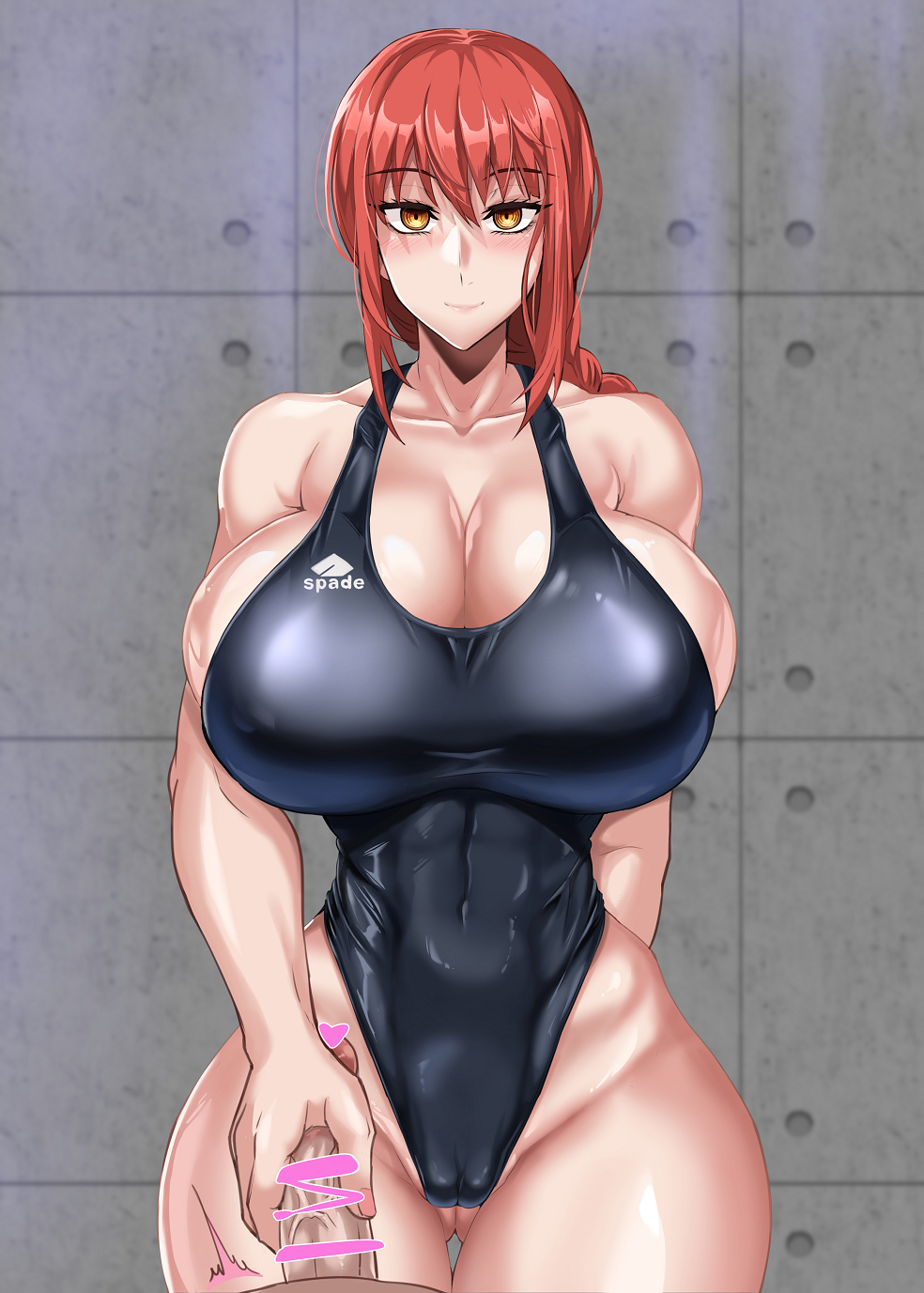 1boy, 1girls, big breasts, blush, braided hair, breasts, cameltoe, censor bar, censored, chainsaw man, eye contact, female, handjob, huge breasts, jet puri, light skin, light-skinned female, light-skinned male, long hair, looking at viewer, makima (chainsaw man), male, penis, pussy, red hair, shiny skin, swimsuit, thick thighs, yellow eyes