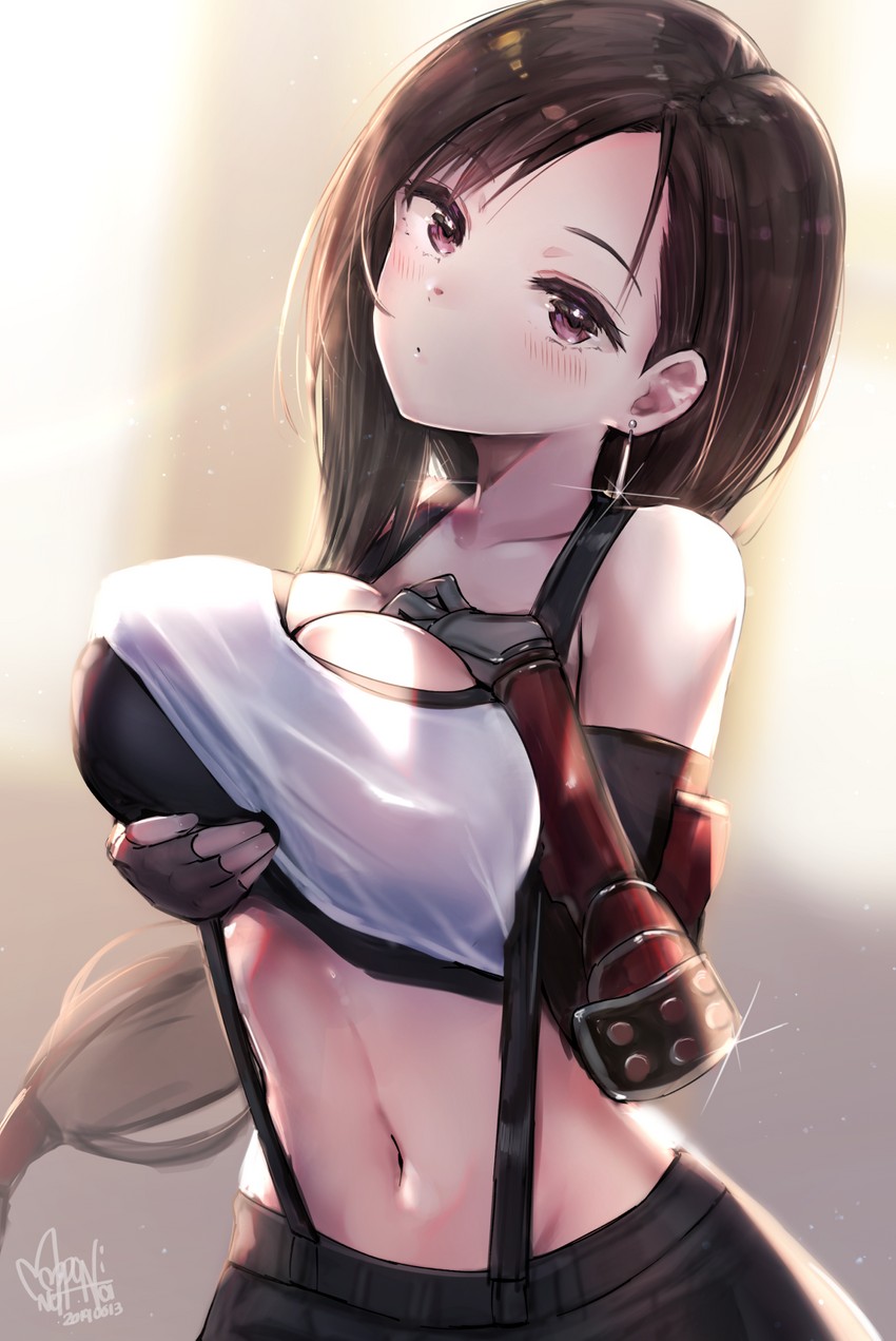 :d arm_up armpits bare_shoulders belt black_gloves breasts brown_hair clenched_hand collarbone crop_top earrings female final_fantasy final_fantasy_vii final_fantasy_vii_remake fingerless_gloves gloves grin highres jewelry large_breasts long_hair looking_at_viewer low-tied_long_hair navel nhaliz open_mouth red_eyes simple_background skirt sleeveless smile solo stomach suspender_skirt suspenders teeth tifa_lockhart unaligned_breasts upper_body v-shaped_eyebrows very_long_hair white_background