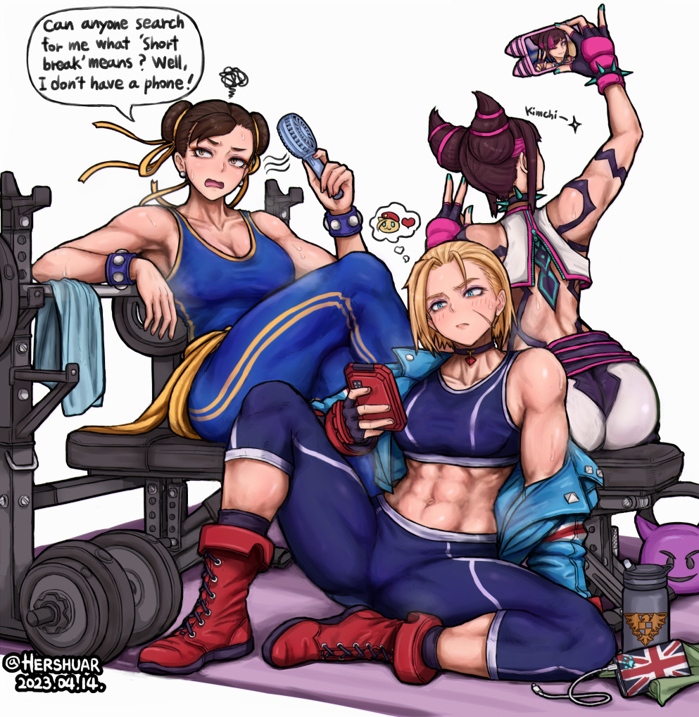 2023 3girls abs aqua_nails ass belt black_gloves black_hair black_pants black_sports_bra blonde_hair blue_bodysuit blue_eyes blue_jacket blush bodysuit boots breasts brown_hair cammy_white capcom capri_pants chun-li cleavage collar combat_boots commentary cropped_jacket crossed_legs dat_ass dated double_bun double_vertical_stripe earrings english_commentary english_text eyeliner facial_scar female female_only fingerless_gloves full_body fully_clothed gloves gym hair_bun hair_horns hair_ornament hair_ribbon hand_fan handheld_fan hershuar holding holding_fan holding_phone jacket jewelry juri_han kettlebell large_breasts makeup medium_breasts multiple_belts multiple_girls muscular muscular_female padded_gloves pants phone pinky_out red_footwear ribbon round_ass scar scar_on_cheek scar_on_face selfie short_hair sitting_on_bench speech_bubble spiked_collar spikes sports_bra spread_legs street_fighter street_fighter_6 street_fighter_alpha studded_bracelet sweat thick_thighs thighs towel v weights white_background white_pants yoga_pants