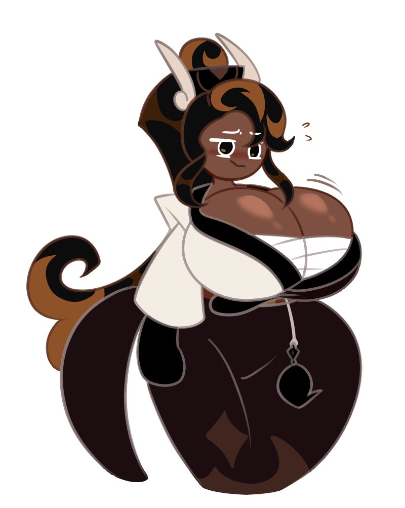 1girls, ass, big ass, big breasts, blush, breasts, brown eyes, brown hair, caramel arrow cookie, cleavage, clothed, clothing, cookie run, dark skin, dark-skinned female, female, female only, fully clothed, hair, hair ornament, huge breasts, long hair, oddly bally, simple background, solo, thick thighs, tied hair, voluptuous, white background, wide hips
