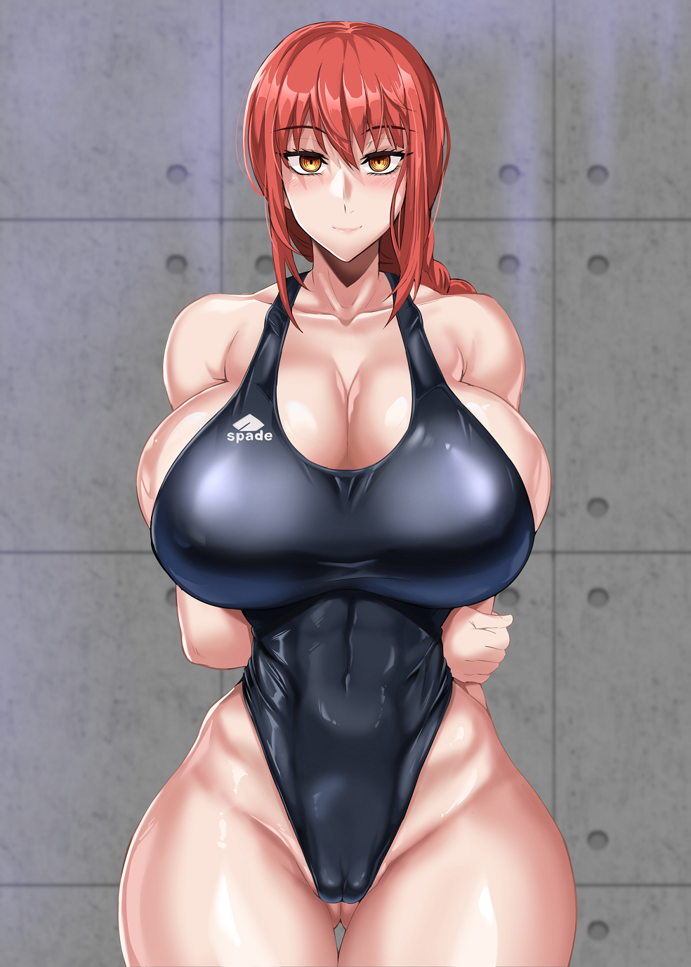 1girls, big breasts, blush, braided hair, breasts, cameltoe, chainsaw man, eye contact, female, huge breasts, jet puri, long hair, looking at viewer, makima (chainsaw man), pussy, red hair, shiny skin, smile, solo, standing, swimsuit, thick thighs, wide hips, yellow eyes