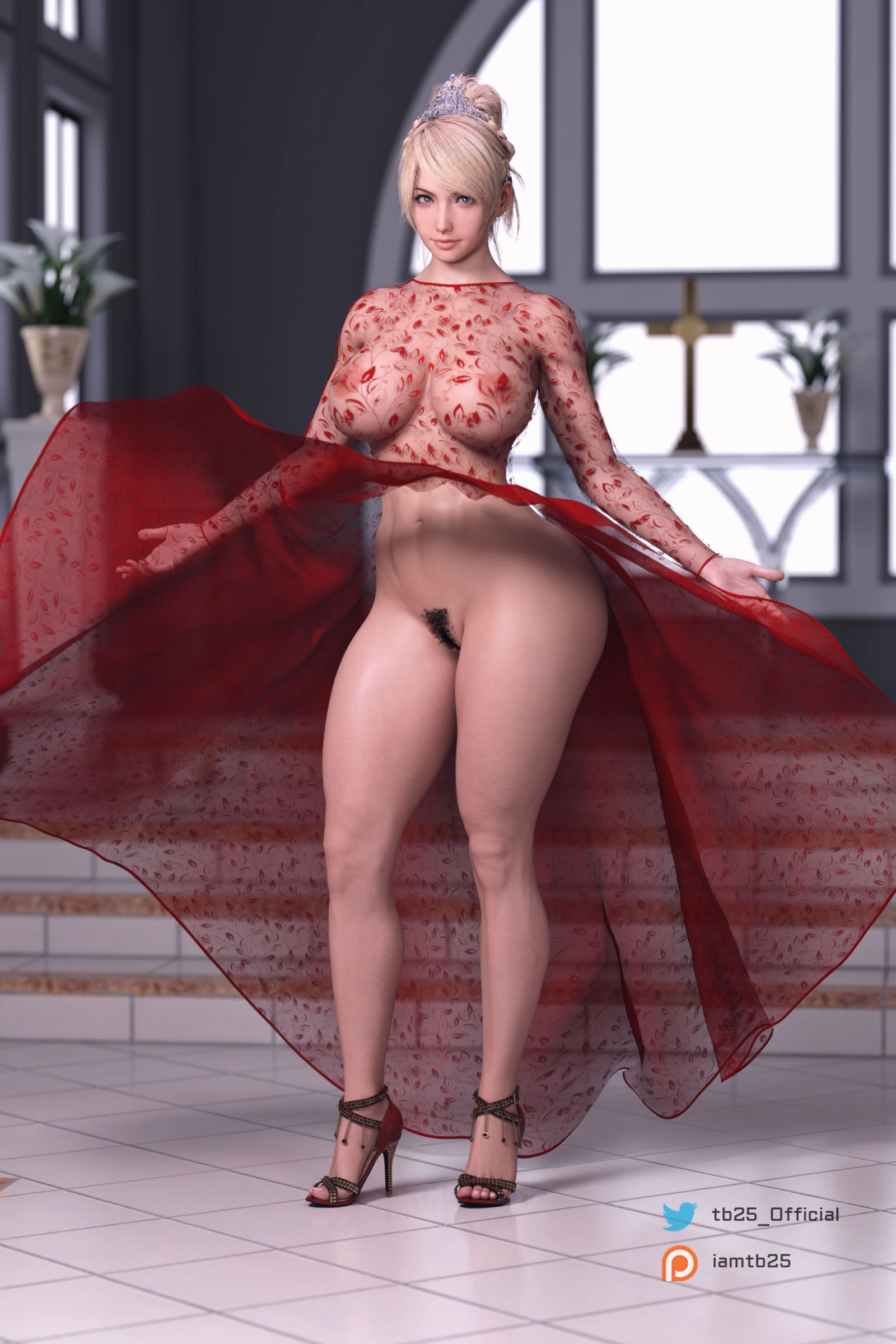 1girls, 3d, 3d (artwork), ass, blonde hair, curvaceous, curves, curvy, curvy body, curvy female, curvy figure, curvy hips, dress, female, female focus, female only, final fantasy, final fantasy xv, heels, high heels, lunafreya nox fleuret, solo, solo female, solo focus, stiletto heels, tb25, thick, thick ass, thick thighs, thighs, tied hair, translucent clothing, very high heels, voluptuous, voluptuous female, wide hips