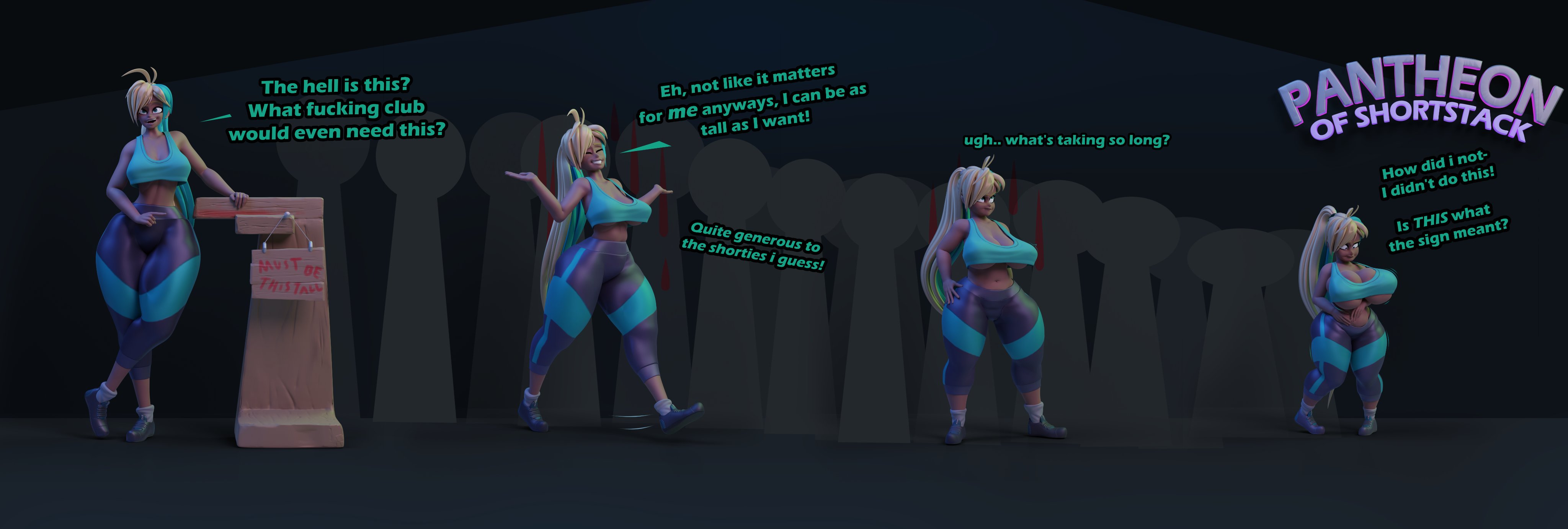 1girls, aqua hair, ass, carol (carro3dsculpts), carro3dsculpts, female, female only, green eyes, huge thighs, original character, shortstack, shortstackification, tanned female, tanned skin, thick ass, thick thighs, transformation, wide hips, yellow hair