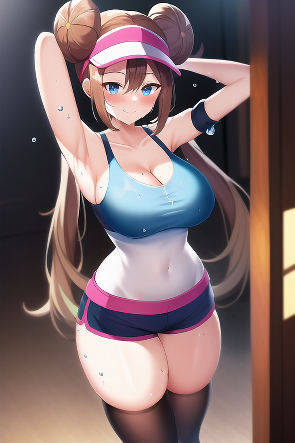 1girls ai_generated armpit_fetish armpits arms_behind_head arms_up blue_eyes blush booty_shorts breasts brown_hair female female_only game_freak hat hips large_breasts light-skinned_female light_skin long_hair looking_at_viewer nai_diffusion nintendo pokemon pokemon_bw2 rosa_(pokemon) short_shorts shorts slim_waist smile sport_shorts sportswear stable_diffusion sweat sweaty_body tank_top thick_thighs thighs twin_buns twintails voluptuous wide_hips