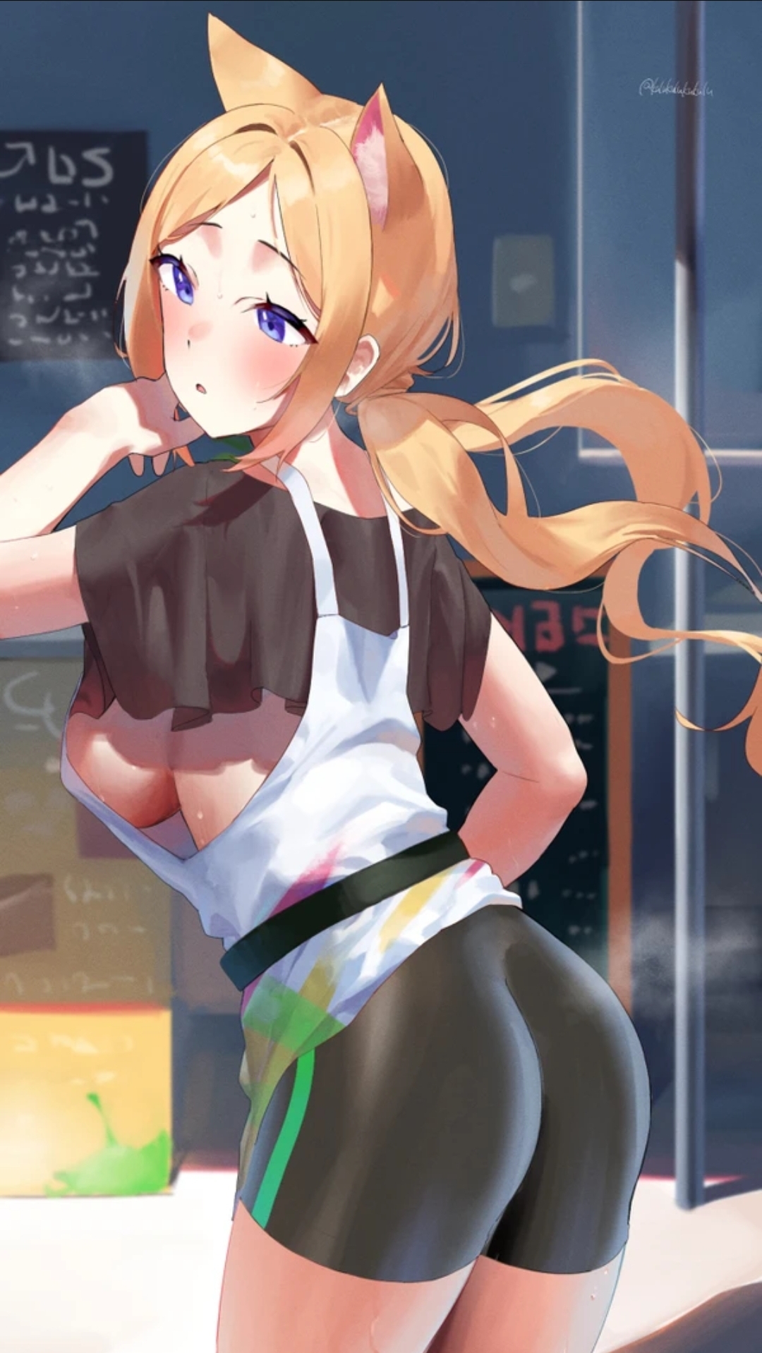1girls, aki rosenthal, animal ears, ass, ass up, breasts, covered nipples, female, female only, frikulu, hololive, hololive gen 1, hololive japan, large breasts, light skin, light-skinned female, loose clothes, no bra, sideboob, solo, sports shorts, tagme, tank top, virtual youtuber