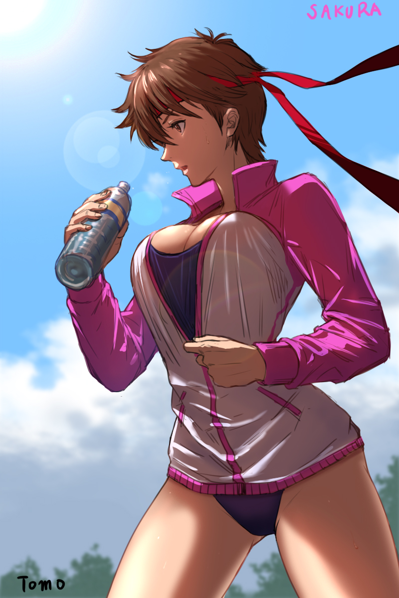 1girls, brown hair, female, female only, fully clothed, headband, looking away, outside, sakura kasugano, short hair, solo, street fighter, sweat, sweater, tagme, tomodachi (tomofanart), unknown artist, very short hair, water bottle, workout clothes