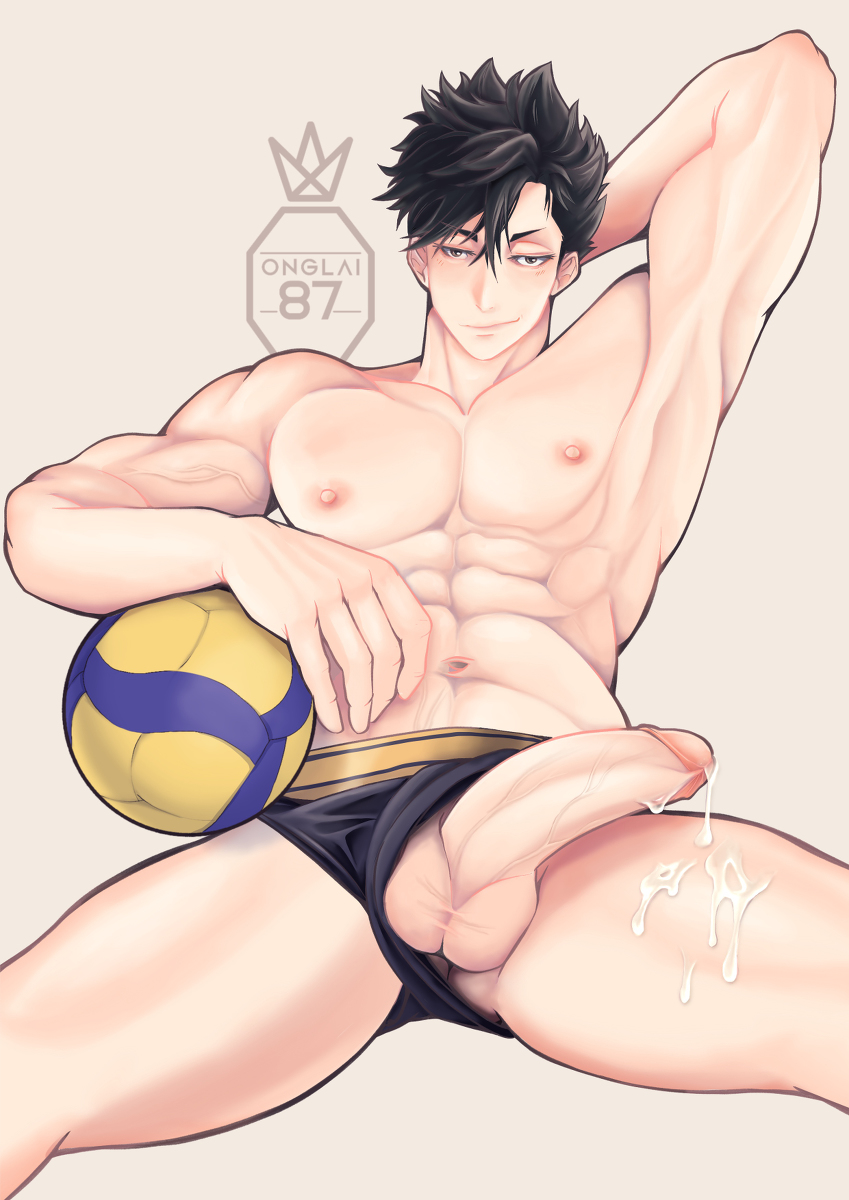 ball big_penis boy cum cum_dripping_from_penis gay haikyuu!! kuroo_tetsurou nipples onglai87 sitting smirk sport spread_legs volleyball yaoi