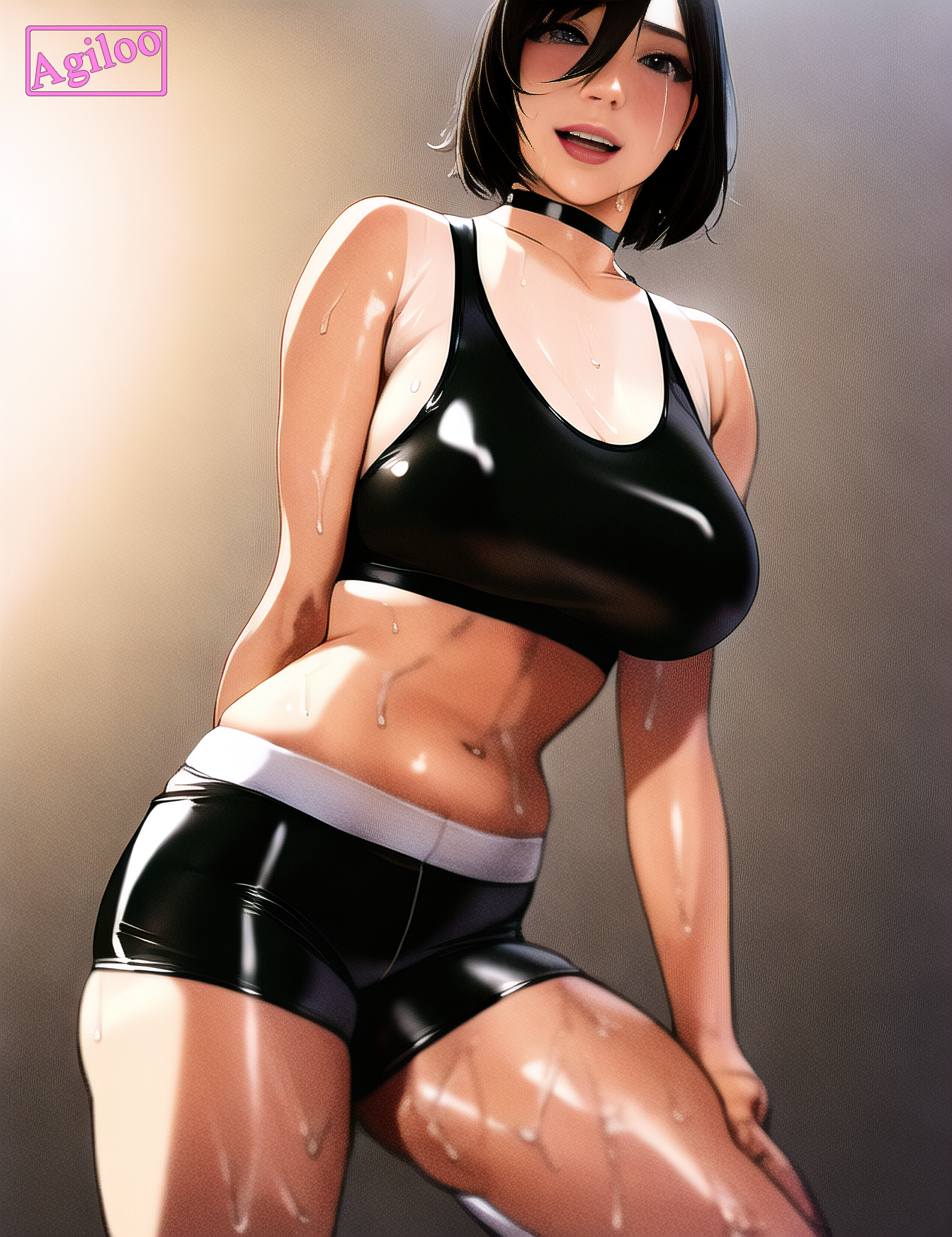 agiloo, ai generated, female, female only, gym, gym clothes, gym shorts, latex, latex clothing, nai diffusion, stable diffusion, sweat, sweaty, uniform, wet, workout