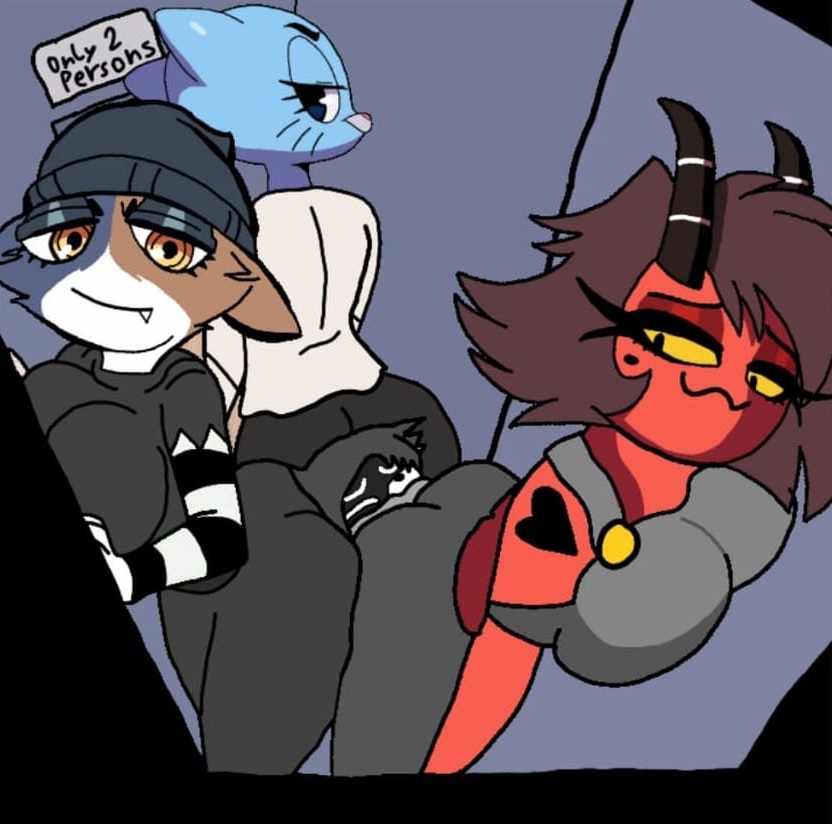 1boy, 3girls, blue fur, boy, cat girl, catgirl, crossover, demon, demon boy, demon girl, elevator, epic games, female, fortnite, fur, furry, goth girl, helluva boss, male, meow skulls (fortnite), millie (helluva boss), mrmrdummby (mrmrdummby), nicole watterson, smiling, smiling at viewer, squish, the amazing world of gumball, white eyes, yellow eyes
