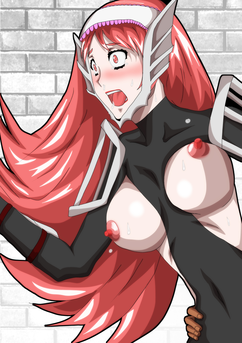 1boy 1girls aonotakeshi blush breasts breasts_out cherche_(fire_emblem) crying crying_with_eyes_open female female_focus fire_emblem fire_emblem_awakening implied_sex large_breasts long_hair male nintendo nipples open_mouth rape red_eyes red_hair saliva shocked solo_focus sweat tearing_up tongue tongue_out very_long_hair