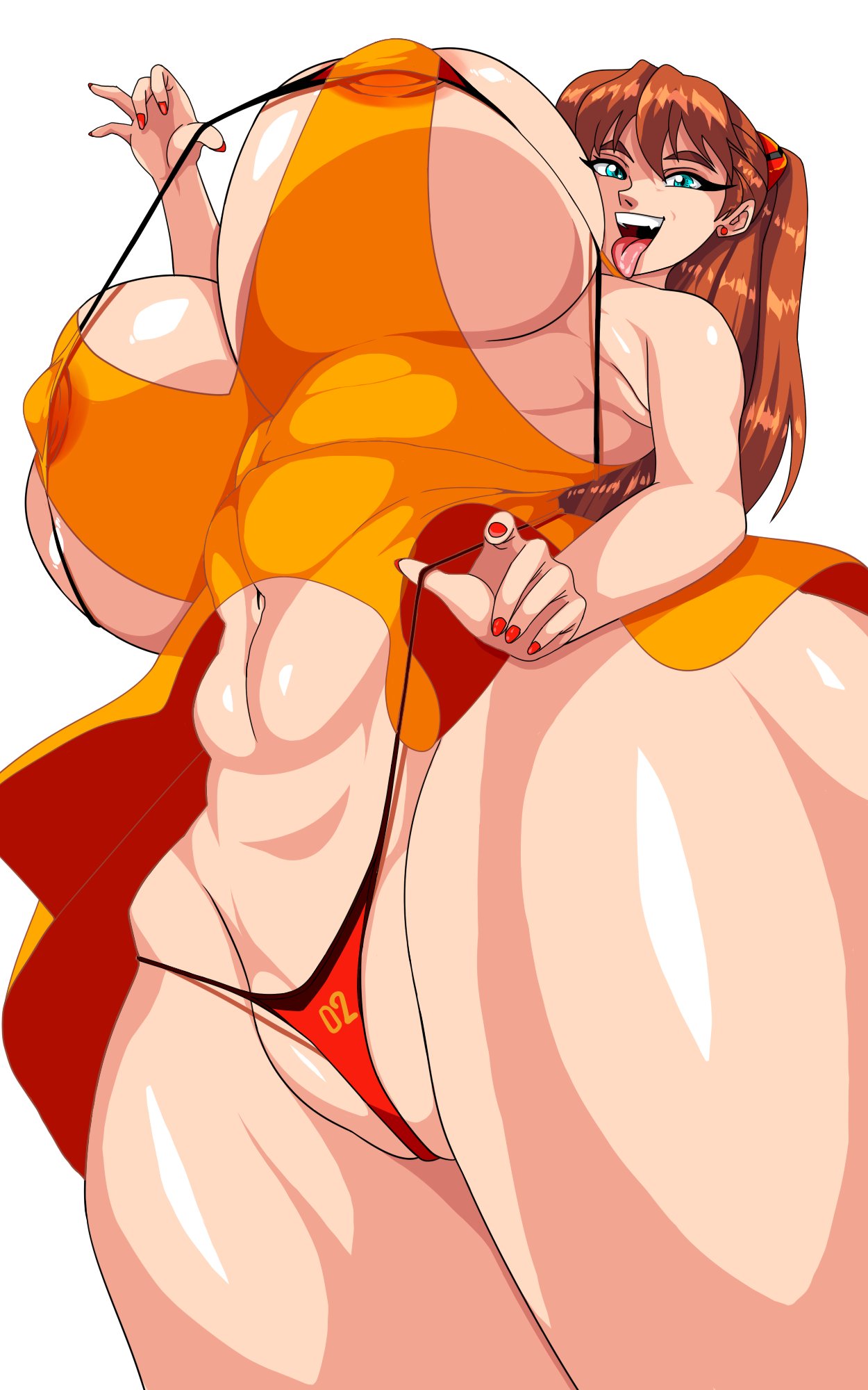 alcione asuka_langley_sohryu bare_shoulders big_breasts breasts dress fingernails looking_at_viewer nail_polish neon_genesis_evangelion open_mouth red_nails sleeveless sleeveless_dress sundress thick_thighs tongue_out yellow_dress