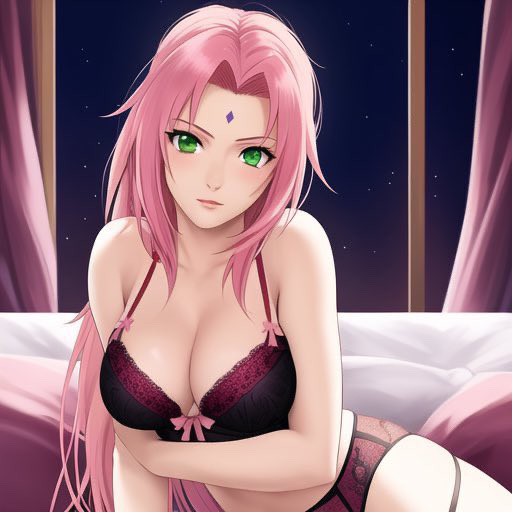 1girls, ai generated, alternate hair length, alternate hairstyle, boruto: naruto next generations, bra, curtains, female, female only, green eyes, indoors, lingerie, long hair, looking at viewer, mature, mature female, midriff, milf, nai diffusion, naruto, naruto (series), panties, pink hair, sakura haruno, solo, stable diffusion, very long hair, window