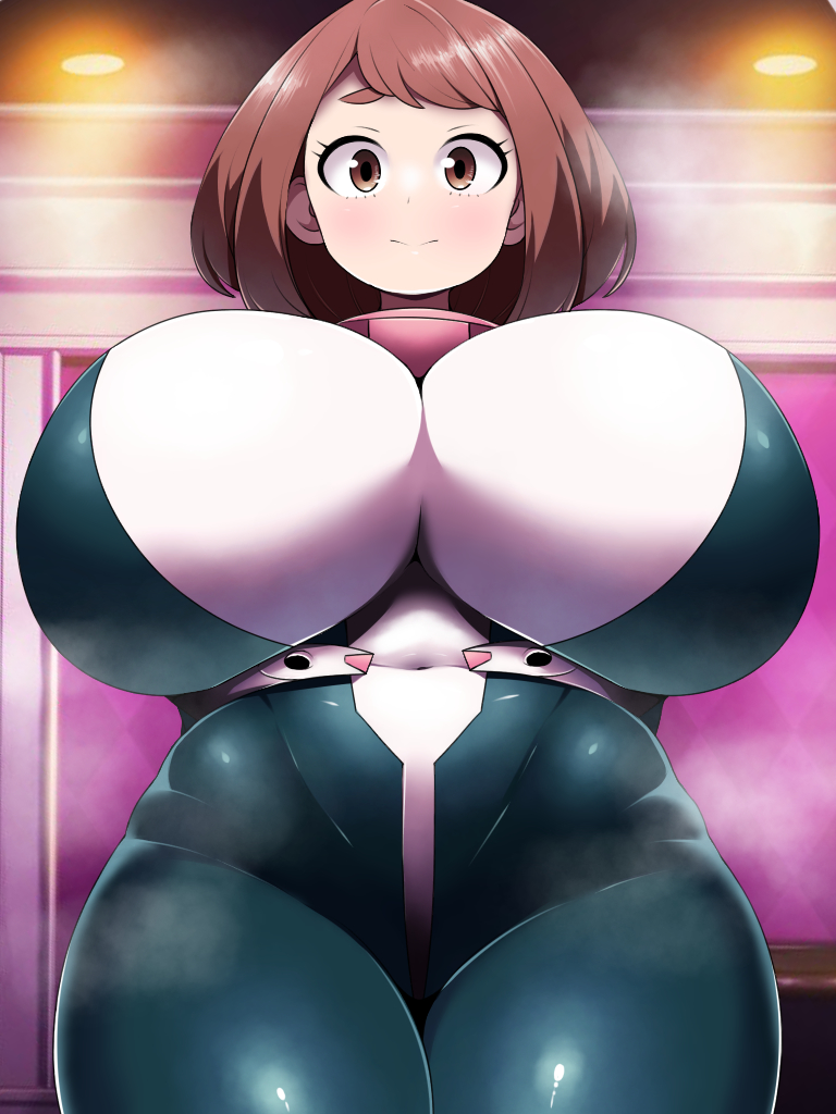 1girls, big breasts, blush, bodysuit, breasts, breasts bigger than head, brown eyes, brown hair, female, female focus, female only, gigantic breasts, hero outfit (mha), my hero academia, norio (pheromosa times), ochako uraraka, ochako uraraka (hero outfit), short hair, skin tight, skindentation, smile, solo, standing, thick thighs, uraraka ochako, uraraka ochako (hero outfit), venus body, voluptuous, wide hips