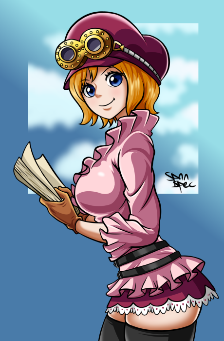 big_breasts blonde_hair blue_eyes clothed female female_only hat koala_(one_piece) looking_at_viewer medium_hair one_piece short_dress short_skirt smile solo solo_female spanspec thighhighs thighs