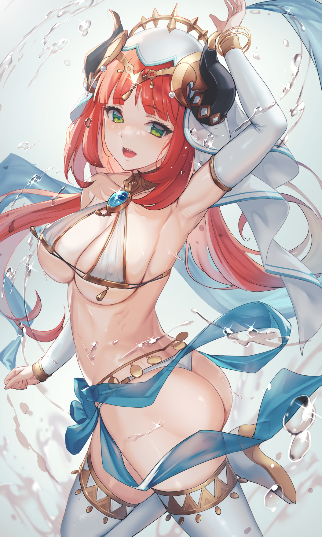 1girls, armpits, ass, bangle, belly dancer, belly dancer outfit, big breasts, bikini, breasts, dancing, female, genshin impact, green eyes, hair, harem outfit, hi res, high heels, horn, human, jewelry, looking at viewer, nilou (genshin impact), red hair, smile, solo, thighhighs, veil, water