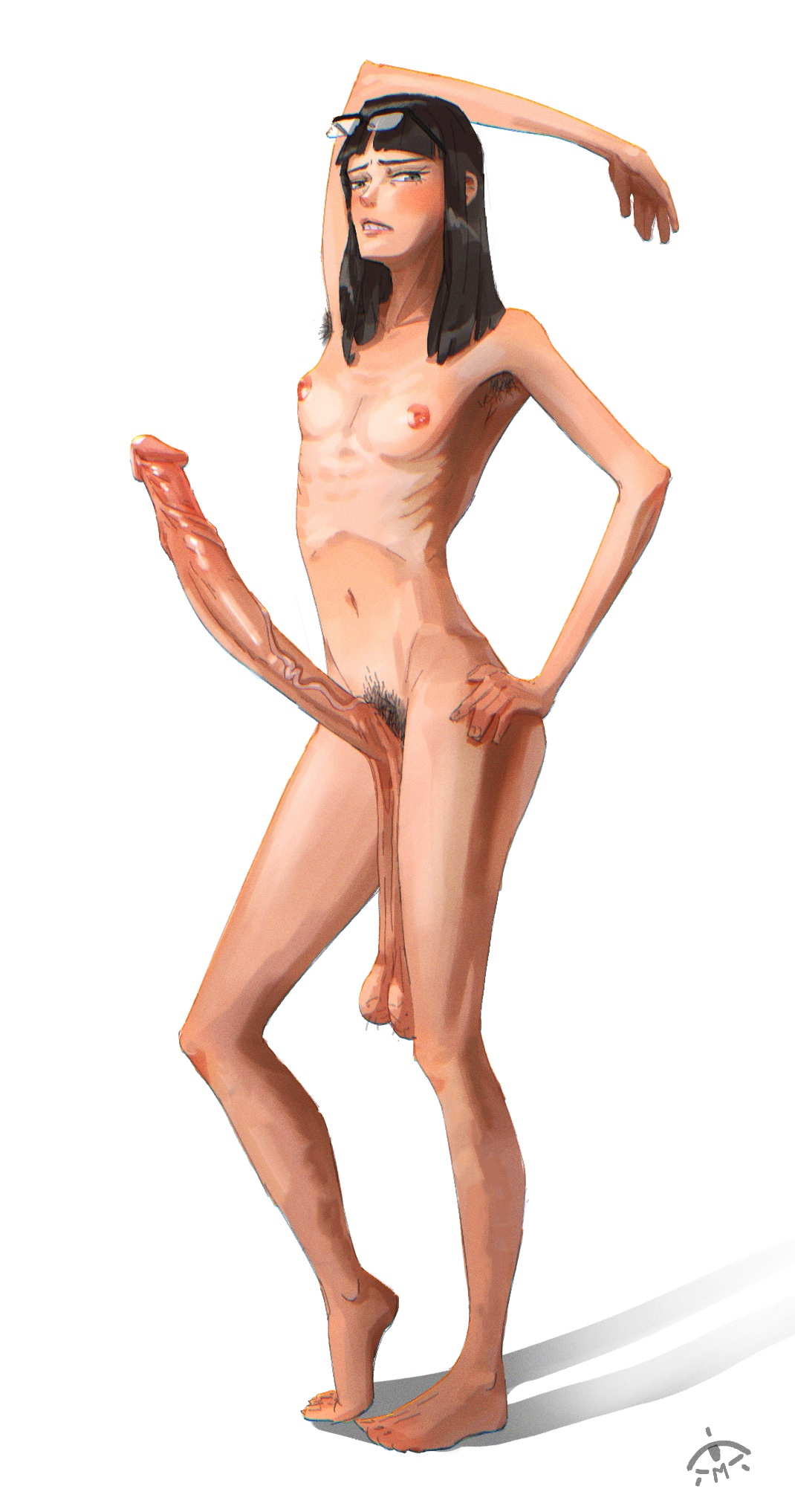 1futa, balls, bangs, black hair, breasts, eizouken ni wa te wo dasu na!, erection, futa only, futanari, huge balls, huge cock, human, intersex, jimiko, kanamori sayaka, light skin, light-skinned futa, long hair, long penis, menacing eyes (artist), nipples, nude, penis, pubic hair, ribs, sagging balls, small breasts, solo, standing