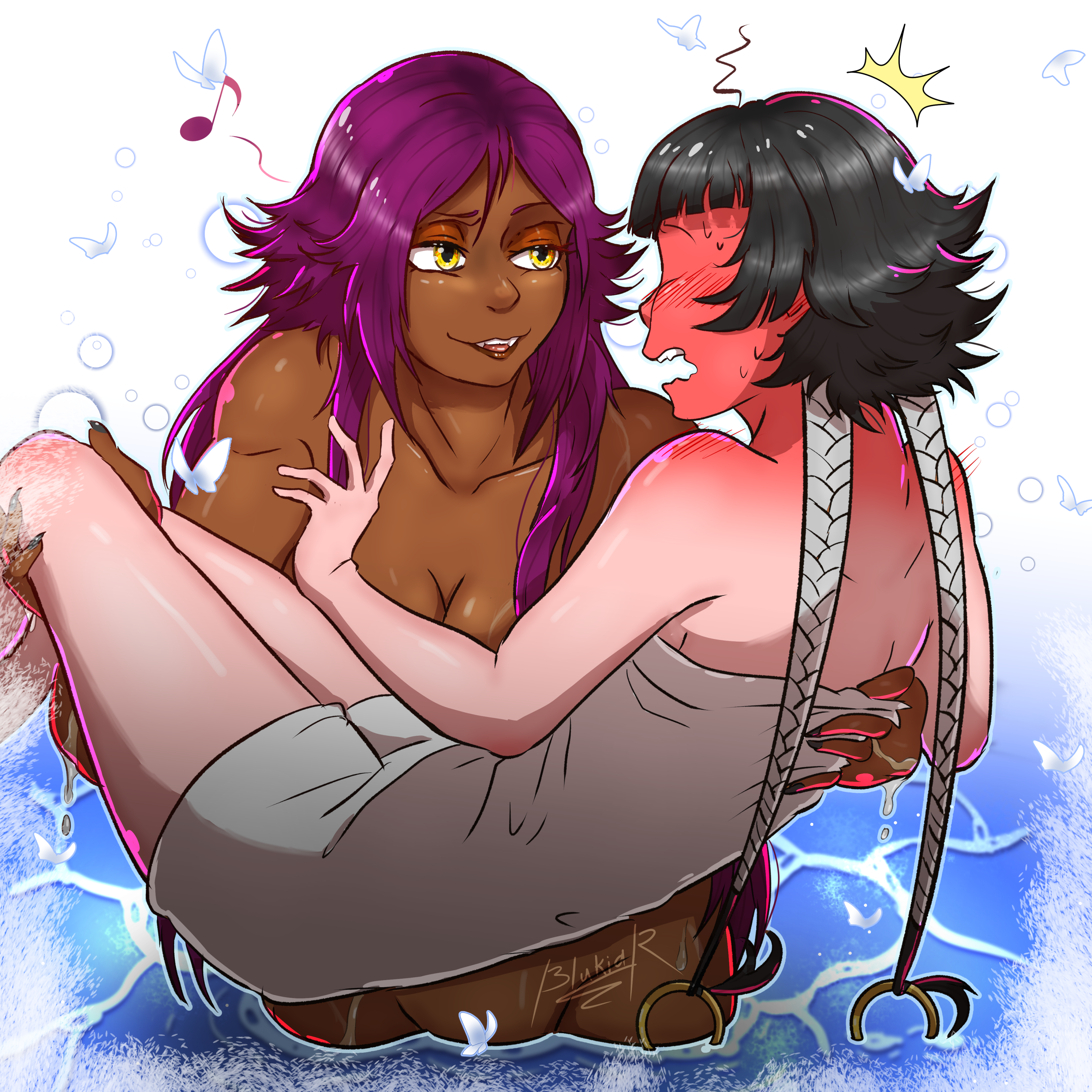 2girls, alternate hairstyle, black hair, bleach, blukia-rukia, blush, blush lines, braids, carrying, carrying partner, chocolate and vanilla, dark skin, dark-skinned female, embarrassed, eyeless, eyeless female, female, female only, female/female, full-face blush, hair down, heavy blush, implied yuri, interracial, interracial yuri, lifting, lifting partner, lifting person, light skin, light-skinned female, long hair, looking at another, looking at partner, loose hair, multiple females, multiple girls, partially submerged, princess carry, purple hair, shihouin yoruichi, short hair, short hair with long locks, slightly chubby, smile, soifon, sui-feng, teacher and student, towel, towel only, twin braids, volleyball, voluptuous, water, wet, wet body, wet skin, yellow eyes, yuri