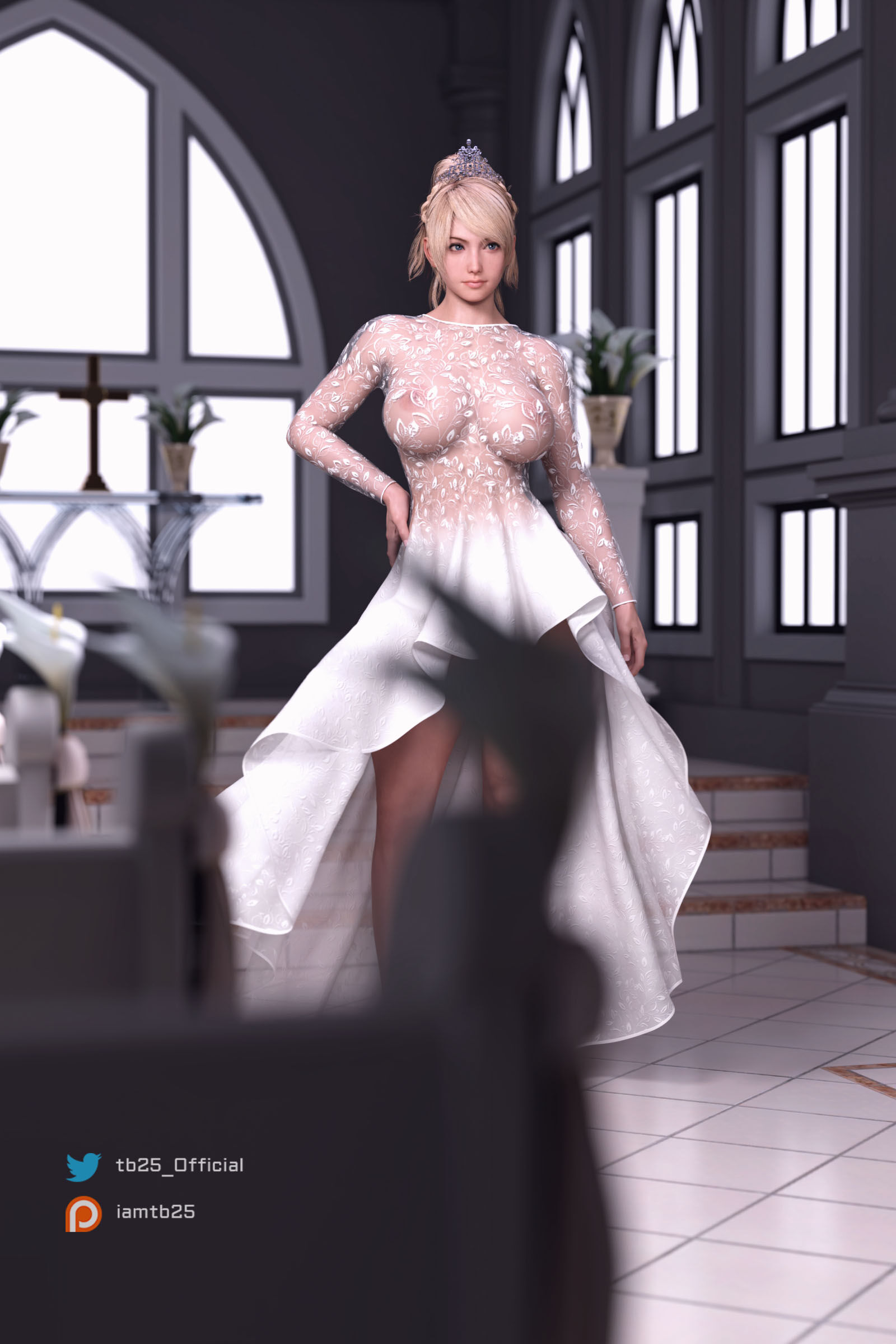 1girls, 3d, 3d (artwork), ass, blonde hair, crown, curvaceous, curves, curvy, curvy body, curvy female, curvy figure, curvy hips, dress, female, female focus, female only, final fantasy, final fantasy xv, high heels, lunafreya nox fleuret, solo, solo female, solo focus, tb25, thick, thick ass, thick thighs, thighs, tied hair, translucent clothing, voluptuous, voluptuous female, wide hips