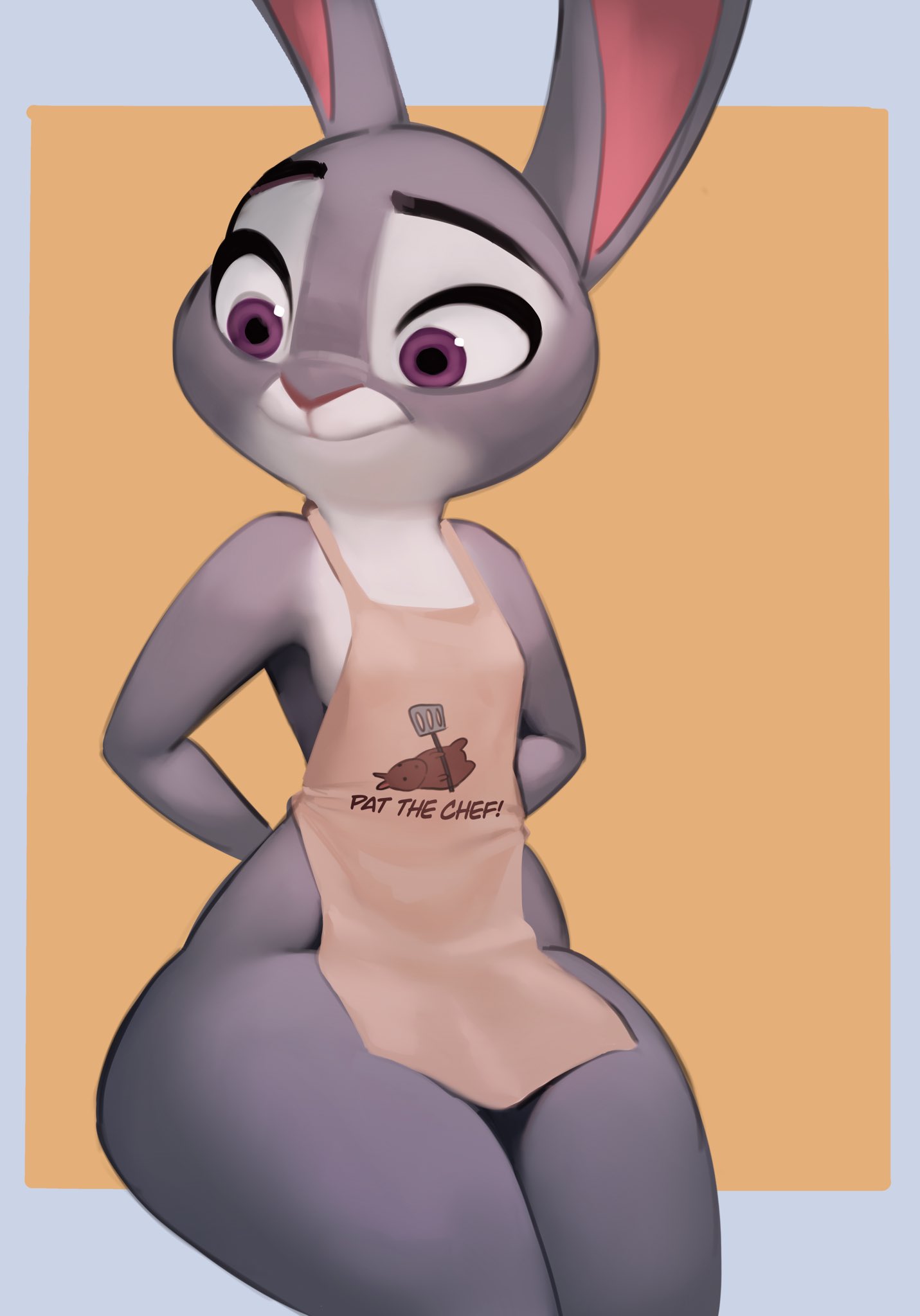 anthro, apron, arms behind back, barely clothed, disney, female, flat chest, furry, judy hopps, naked apron, nude, petite, pixar, qupostuv35, rabbit, rabbit ears, source request, tagme, thick thighs, violet eyes, zootopia