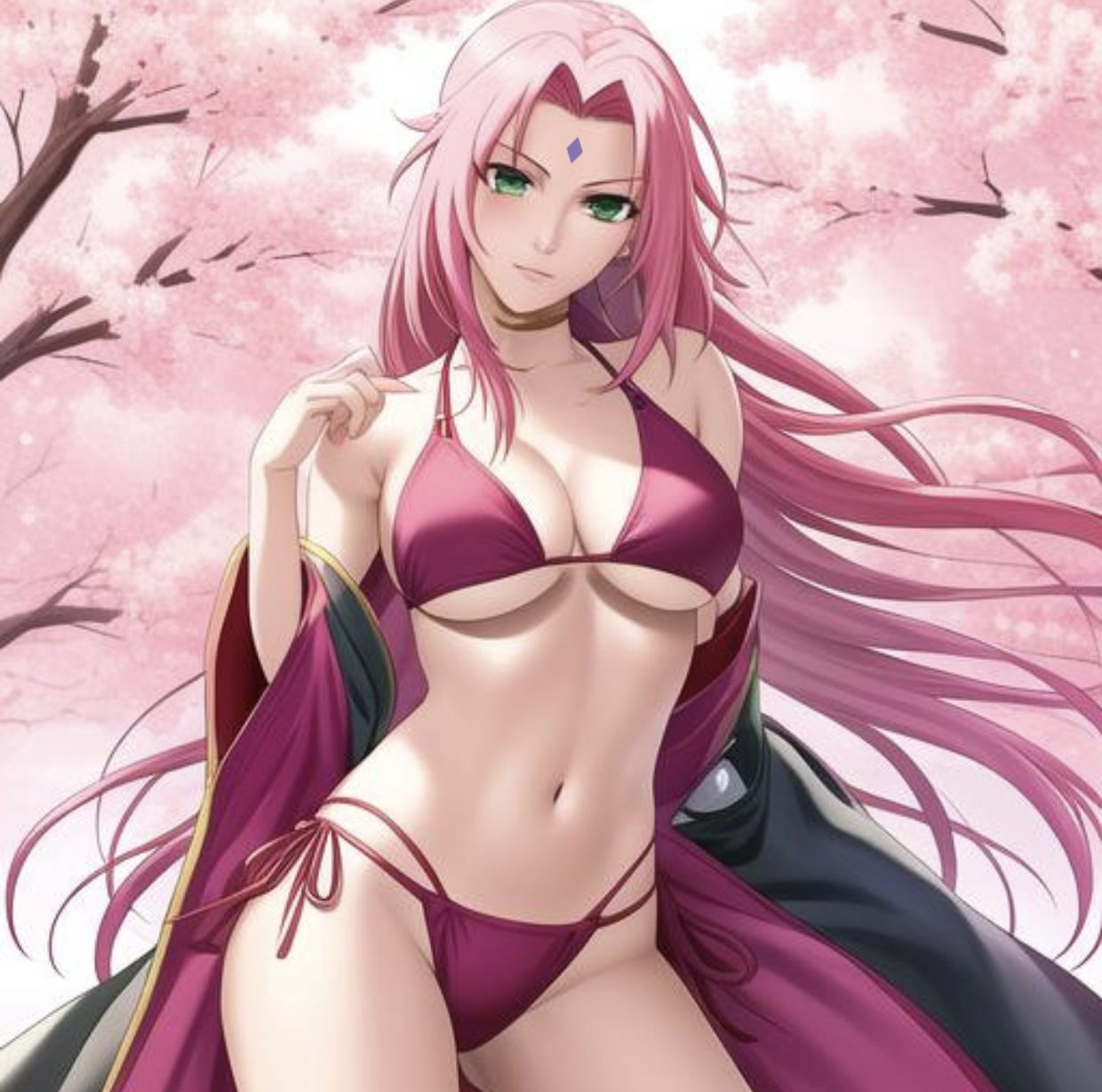 1girls, ai generated, alternate hair length, alternate hairstyle, boruto: naruto next generations, bra, cherry blossoms, female, green eyes, kimono, lingerie, long hair, looking at viewer, mature, mature female, midriff, milf, nai diffusion, naruto, naruto (series), outdoors, panties, pink hair, sakura haruno, stable diffusion, very long hair