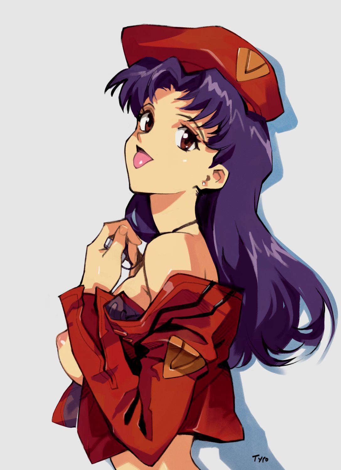1girls, big breasts, breasts, brown eyes, cross necklace, earrings, female, human, long hair, looking at viewer, misato katsuragi, necklace, neon genesis evangelion, nipples, optionaltypo, purple hair, solo, solo female