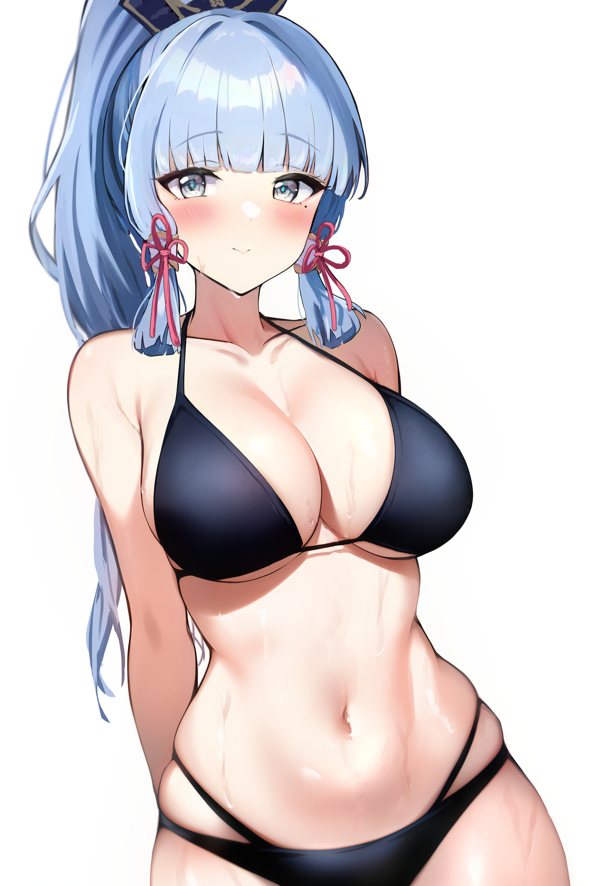 1girls, bikini, blue eyes, blue hair, breasts, cleavage, curvaceous, curvy, female, genshin impact, kamisato ayaka, large breasts, looking at viewer, smile, wet, wet body, wet skin