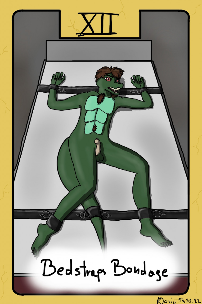 alligator alligatorid anthro bed bed_bondage bedstraps bondage bound brown_hair claws crocodilian cuff_(restraint) furniture genitals green_body green_skin hair hi_res koziu_(artist) leather_belts leather_cuffs male nude penis red_eyes reptile restraints scalie solo tarot tarot_card tarot_deck the_hanged_man_(tarot) vampire_teeth