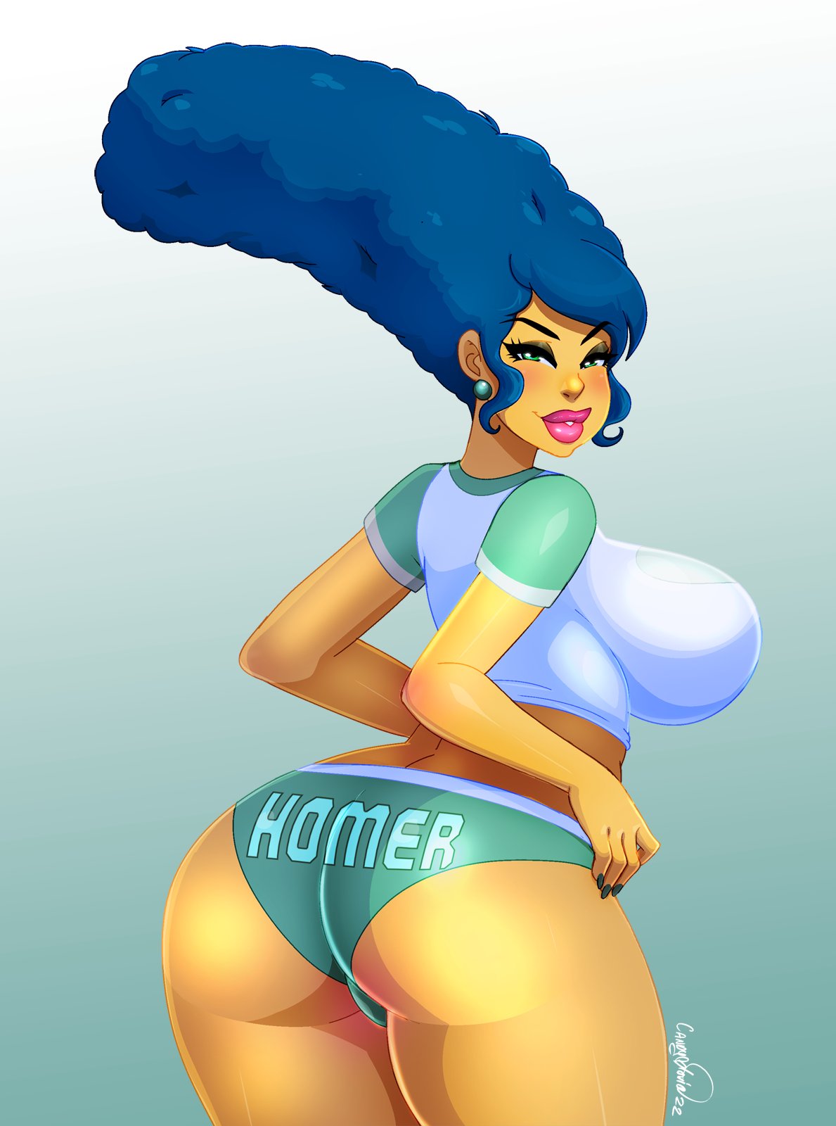 1girls, alternate breast size, artist name, ass, ass cleavage, ass crack, big breasts, blue hair, breasts, bust, busty, butt crack, cleavage, curvaceous, dress, female, female focus, female only, hair, hips, hourglass figure, ladycandy2011, large breasts, legs, long hair, looking at viewer, lower body, marge simpson, milf, solo, spanish text, the simpsons, thick, thick legs, thick thighs, thighs, upper body, watermark, wide hips, yellow skin