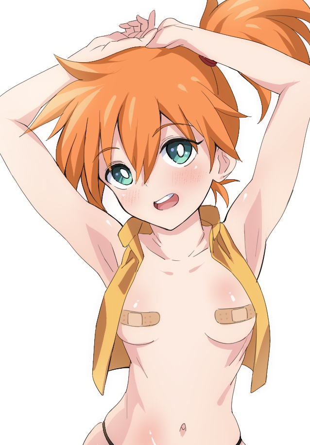 1girls aqua_eyes armpits arms_above_head arms_up asymmetrical_hair bandaids_on_nipples bare_arms bare_legs bare_shoulders blush breasts bright_pupils clothing crop_top eyebrows_visible_through_hair female female_only game_freak gen_1_pokemon green_eyes grin gym_leader hair_bun hair_tie happy kasumi_(pokemon) legs looking_at_viewer medium_breasts medium_hair midriff misty_(pokemon) navel nintendo oise orange_hair pokemon pokemon_(anime) pokemon_(classic_anime) pokemon_rgby ponytail sexy_armpits shirt short_hair side_ponytail simple_background sleeveless sleeveless_shirt smile snuke solo standing the_electric_tale_of_pikachu thong tied_hair white_background white_pupils yamada_taro_(yamada_tarou00) yellow_shirt