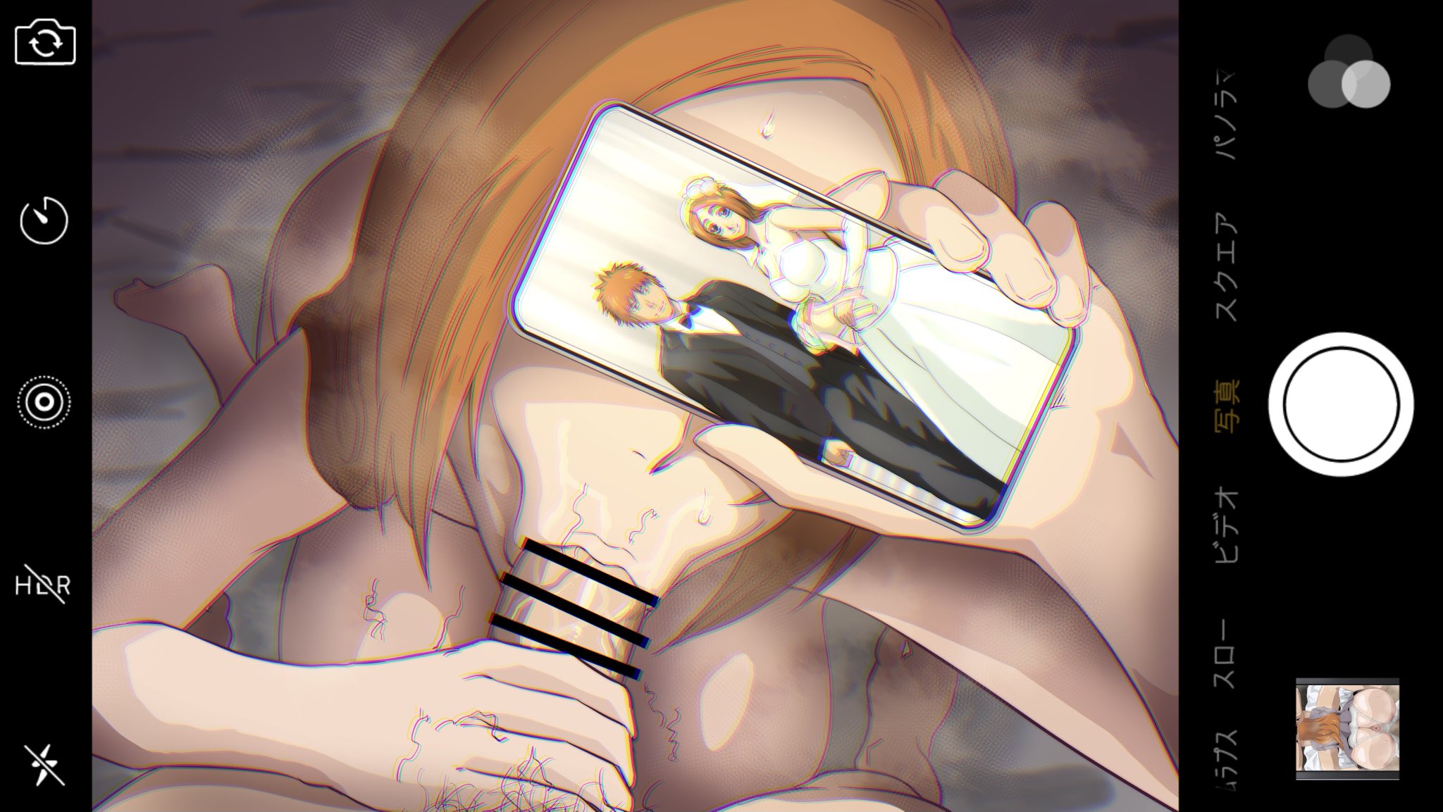 :>=, 1boy, 1girls, bar censor, bleach, breasts, censor bar, censored, cheating, cheating wife, covering eyes, fellatio, female, highres, holding phone, inoue orihime, iwao178, large breasts, long hair, male, netorare, no artist signature, orange hair, phone, phone screen, pov, smartphone, stray pubic hair, wedding dress