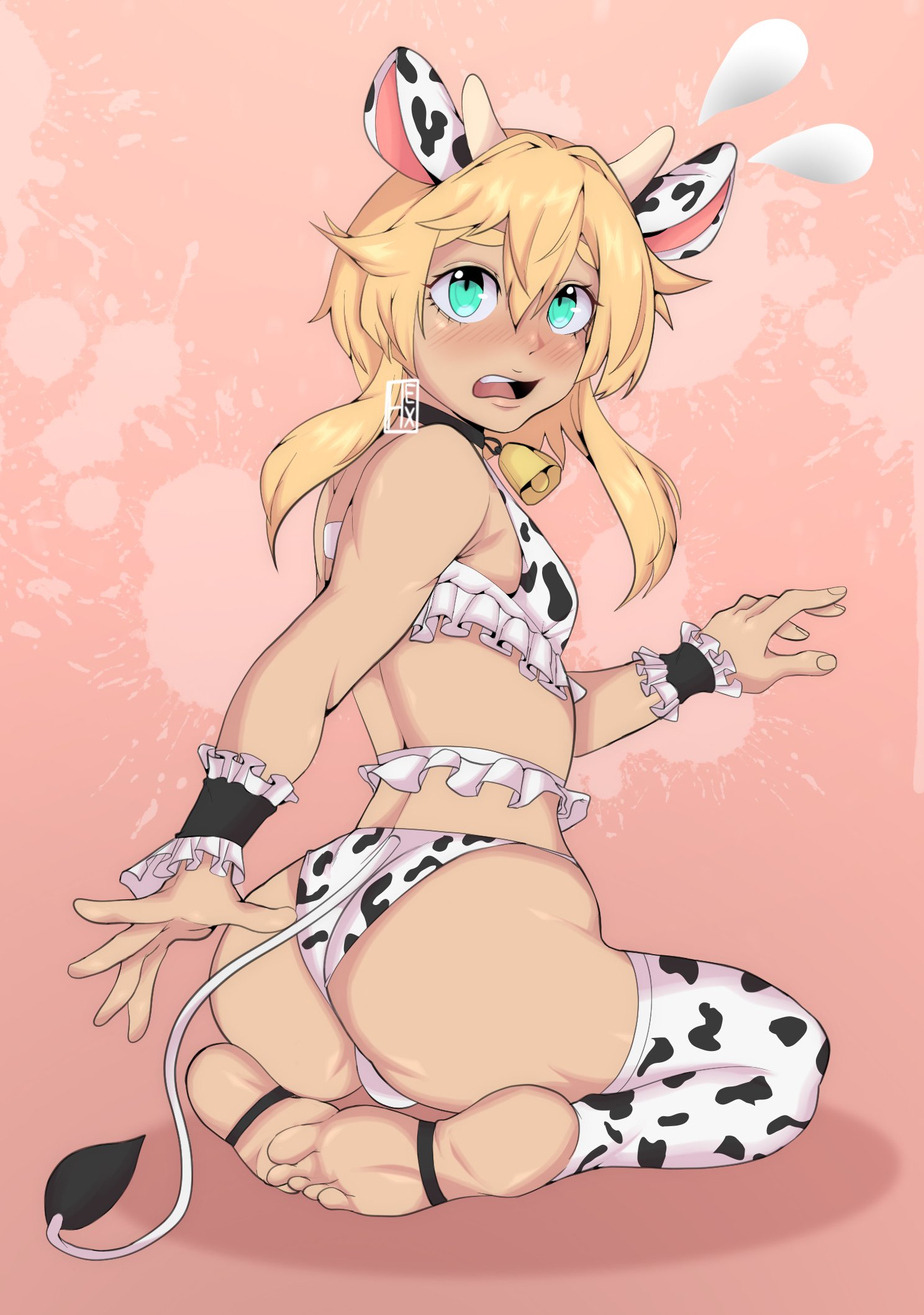 1girl, abstract background, aqua eyes, armwear, ass, backsack, balls, ballsack, bikini, blonde hair, blush, bridget, cow bikini, cow ears, cow horns, cow print, cow tail, cowbell, eye contact, feet, futanari, guilty gear, guilty gear strive, halloween, hexprinxess, horns, intersex, legwear, looking at viewer, looking back, simple background, sitting, small breasts, solo, solo female, surprised, toes, trans, trans woman, transfem
