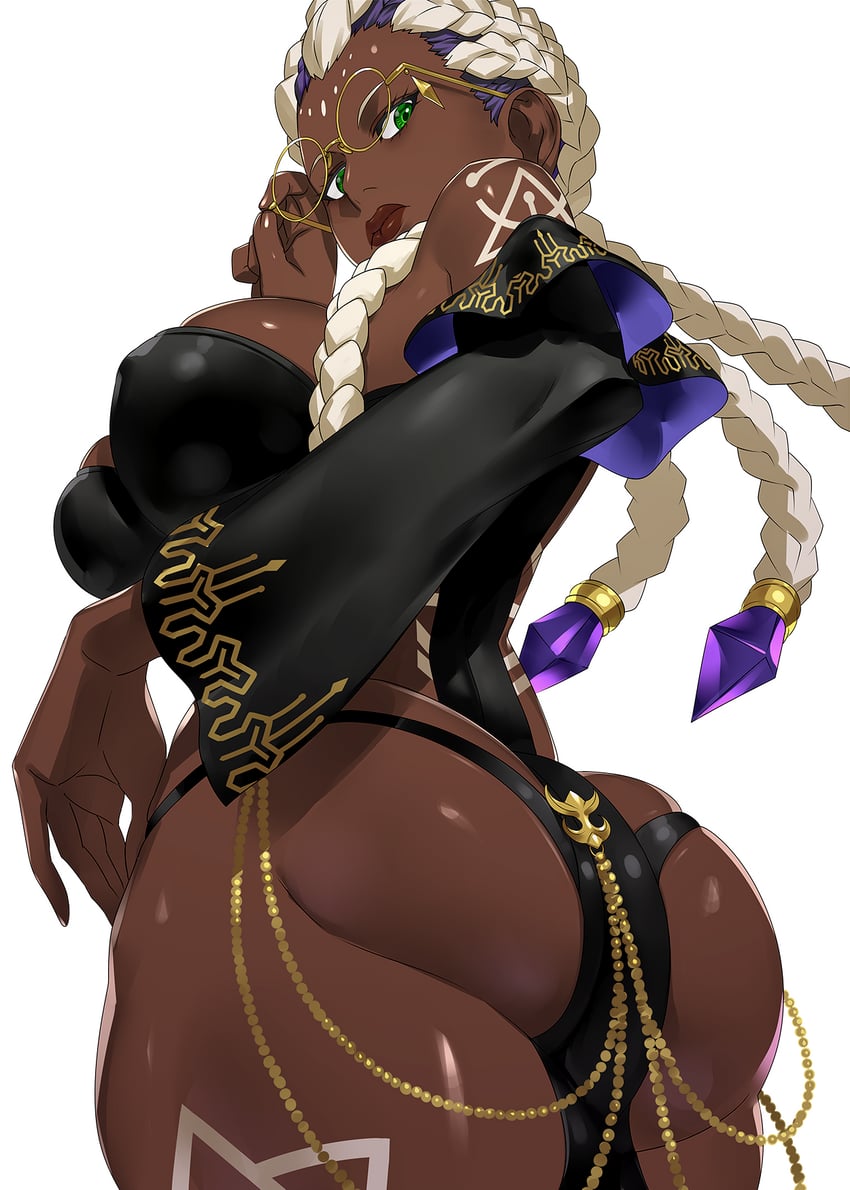 adjusting_eyewear african african_female ass bare_shoulders blonde_hair braid breasts closed_mouth covered_nipples dark-skinned_female dark_skin dolores_(kof) dutch_angle female glasses gold_trim green_eyes hair_ornament highres ippo king_of_fighters king_of_fighters_xv large_breasts lips long_hair looking_at_viewer looking_back multicolored_hair purple_hair relaxed shiny shiny_skin simple_background single_bare_shoulder skindentation solo tattoo thick_thighs thighs thong two-tone_hair white_background wide_sleeves