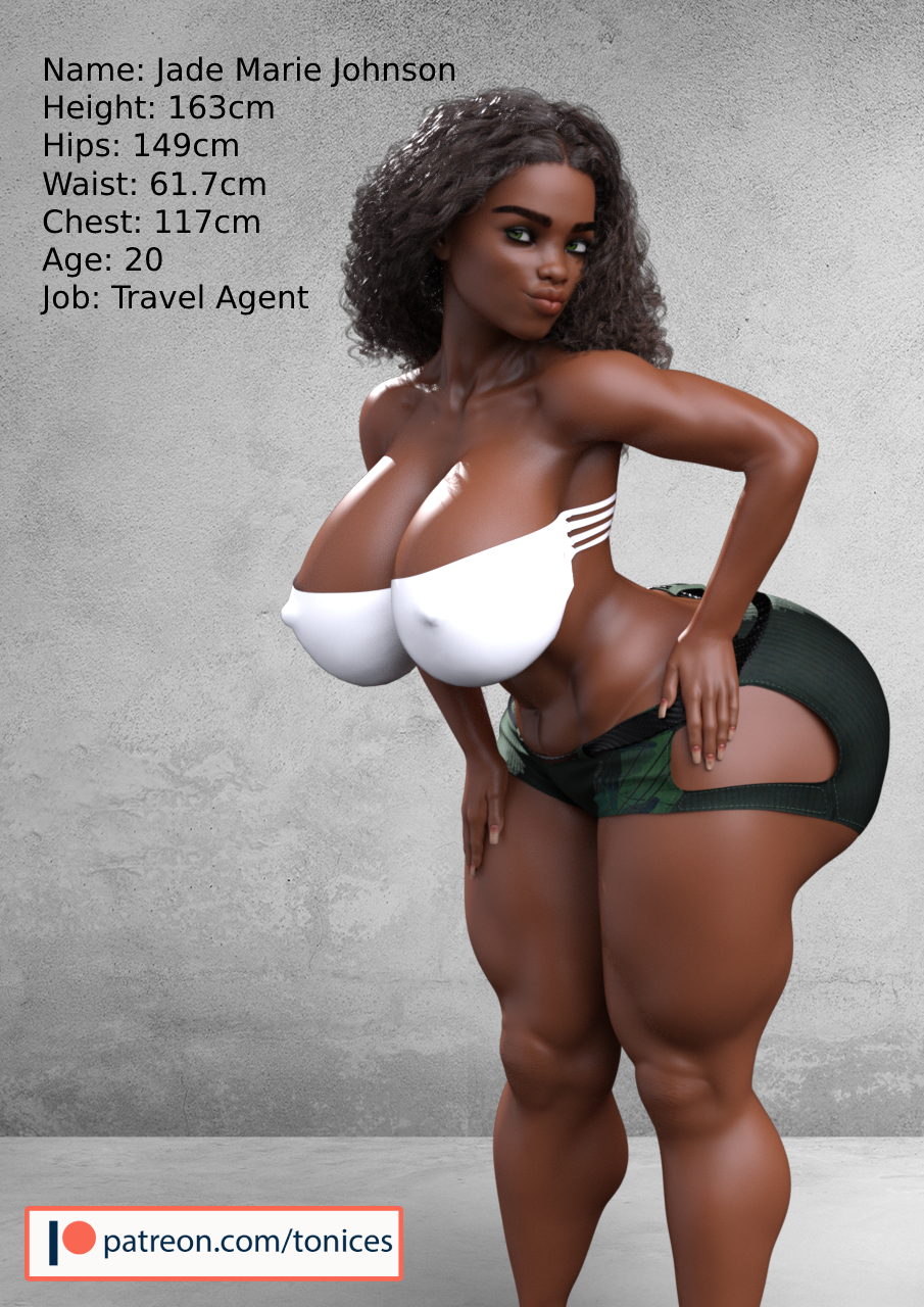 1girls, 3d, african female, ass, big ass, big breasts, bimbo, breasts, brown body, brown skin, brown-skinned female, busty, character age, character bio, character height, character profile, character sheet, character weight, curvaceous, curvy, dark skin, dark-skinned female, fat ass, female, gigantic ass, hips, huge ass, huge breasts, hyper ass, jade marie johnson, large ass, large breasts, legs, massive ass, original, original character, reference sheet, thick, thick legs, thick thighs, thighs, tonices, voluptuous, wide hips