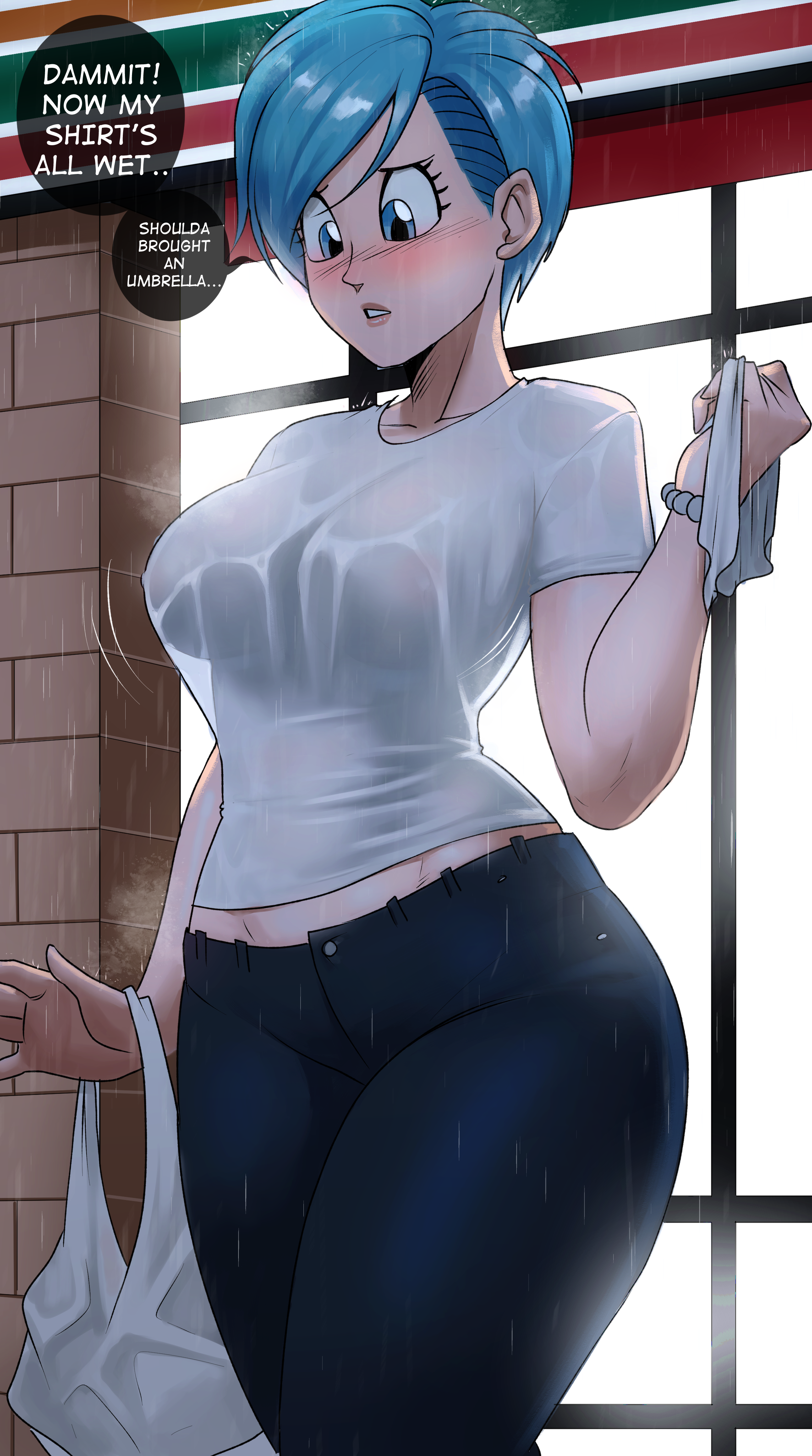 1girls, 7-eleven, blue hair, breasts, bulma, bulma (dragon ball super), bulma briefs, dialogue, dragon ball, dragon ball super, echosaber, english text, female, hi res, hips, large breasts, mature female, milf, mother, rain, short hair, slim waist, solo, text, thick thighs, thighs, wet, wet clothes, wide hips