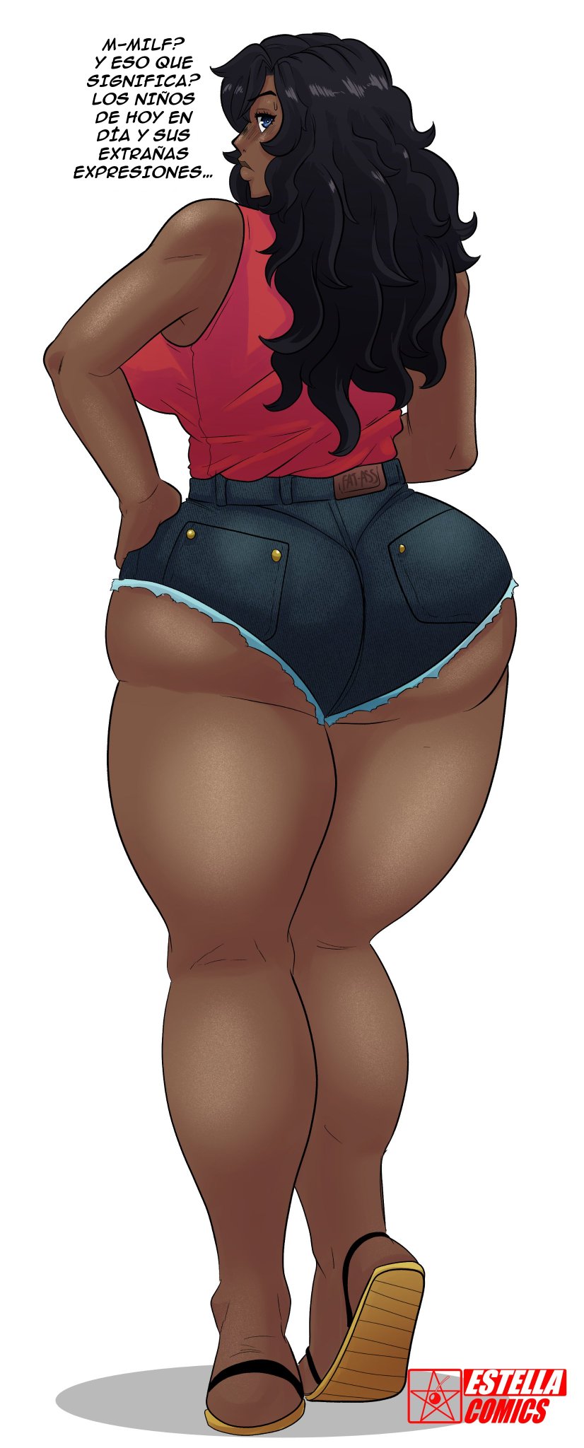 1girls, ass, back view, big ass, big breasts, big butt, big hips, big thighs, breasts, colored, daisy dukes, dark skin, dark-skinned female, estella comics, female, female focus, female only, galilea vazquez, hourglass figure, huge ass, huge breasts, huge butt, huge hips, huge thighs, large ass, large breasts, large butt, looking at viewer, looking back, looking back at viewer, mannyestella, milf, mrestella, oblivious, oc, original, original character, shorts, solo, spanish dialogue, spanish text, talking to viewer, thick ass, thick legs, thick thighs, thighs, twitter, wide hips