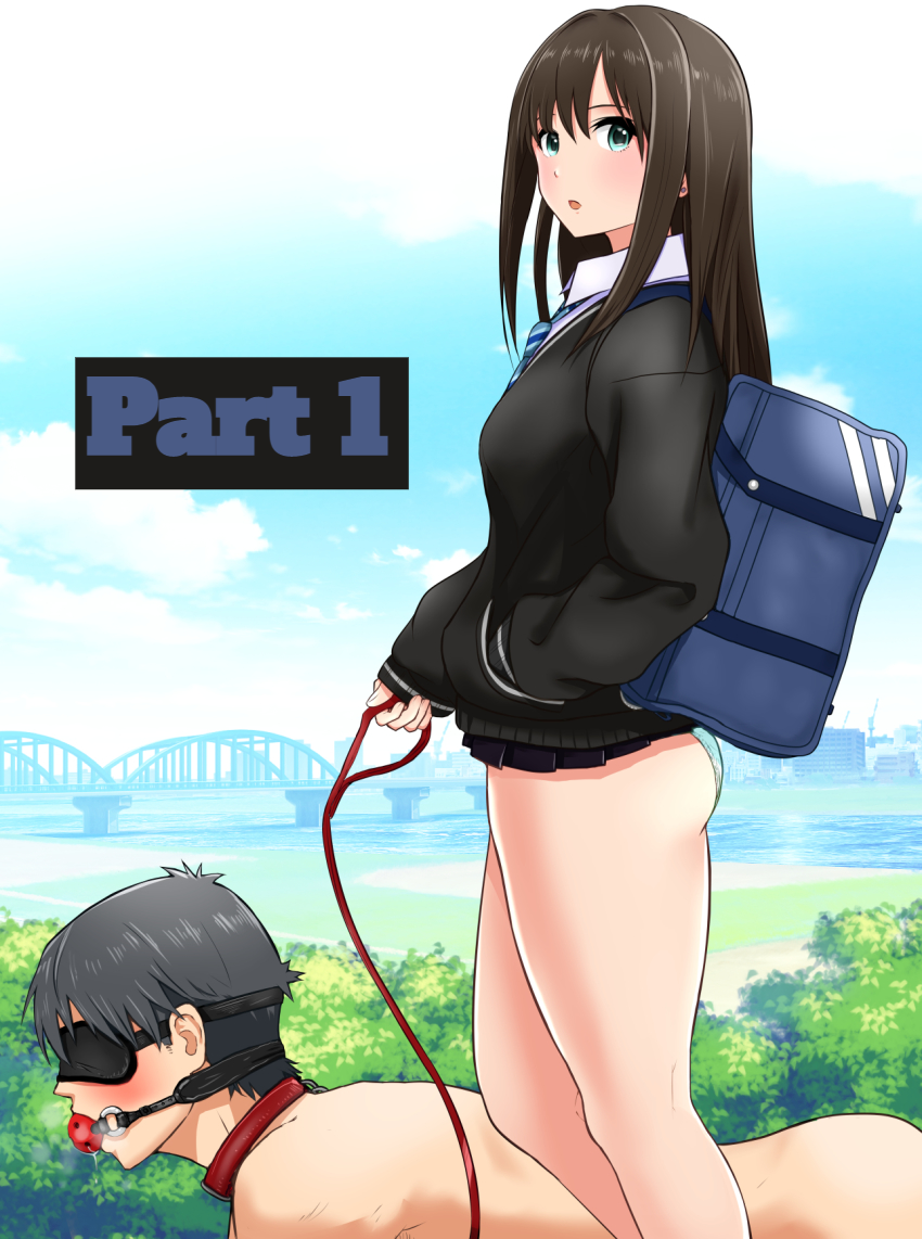 1boy 1girls all_fours ball_gag bitch_taken_for_walk black_hair blazer blindfold breasts bridge brown_hair bushes city clothed_female_nude_male clouds collar dominatrix exhibitionism femdom gag gagged green_eyes holding_leash idolmaster jacket leash long_hair looking_at_viewer malesub medium_breasts microskirt necktie outside panties pet_play petplay producer_(idolmaster) public_indecency public_nudity river school_bag school_uniform shibuya_rin short_hair skirt sky slave walking water ししを♥（ししおとめ)