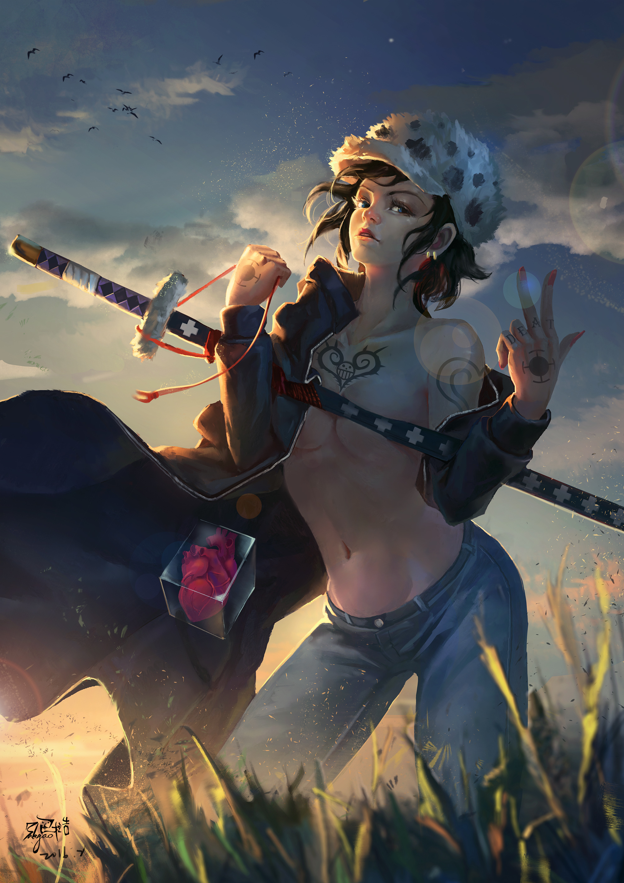 1girls, balagao, belly, black hair, black jacket, blue eyes, blue pants, breasts, canon genderswap, chest tattoo, clouds, color, colored nails, convenient censoring, covered nipples, detailed, earrings, female, female focus, female only, fingers, genderswap, genderswap (mtf), grass, hat, heart, highres, jacket, jewelry, light skin, light-skinned female, looking at viewer, low-angle view, one piece, pale skin, pale-skinned female, pants, red nails, rule 63, sheath, sheathed, sheathed weapon, short hair, shounen jump, skinny, skinny female, small breasts, solo, solo female, solo focus, sword, tattoo, tattoos, thin waist, topless, trafalgar law, trafalgar law (female), weapon