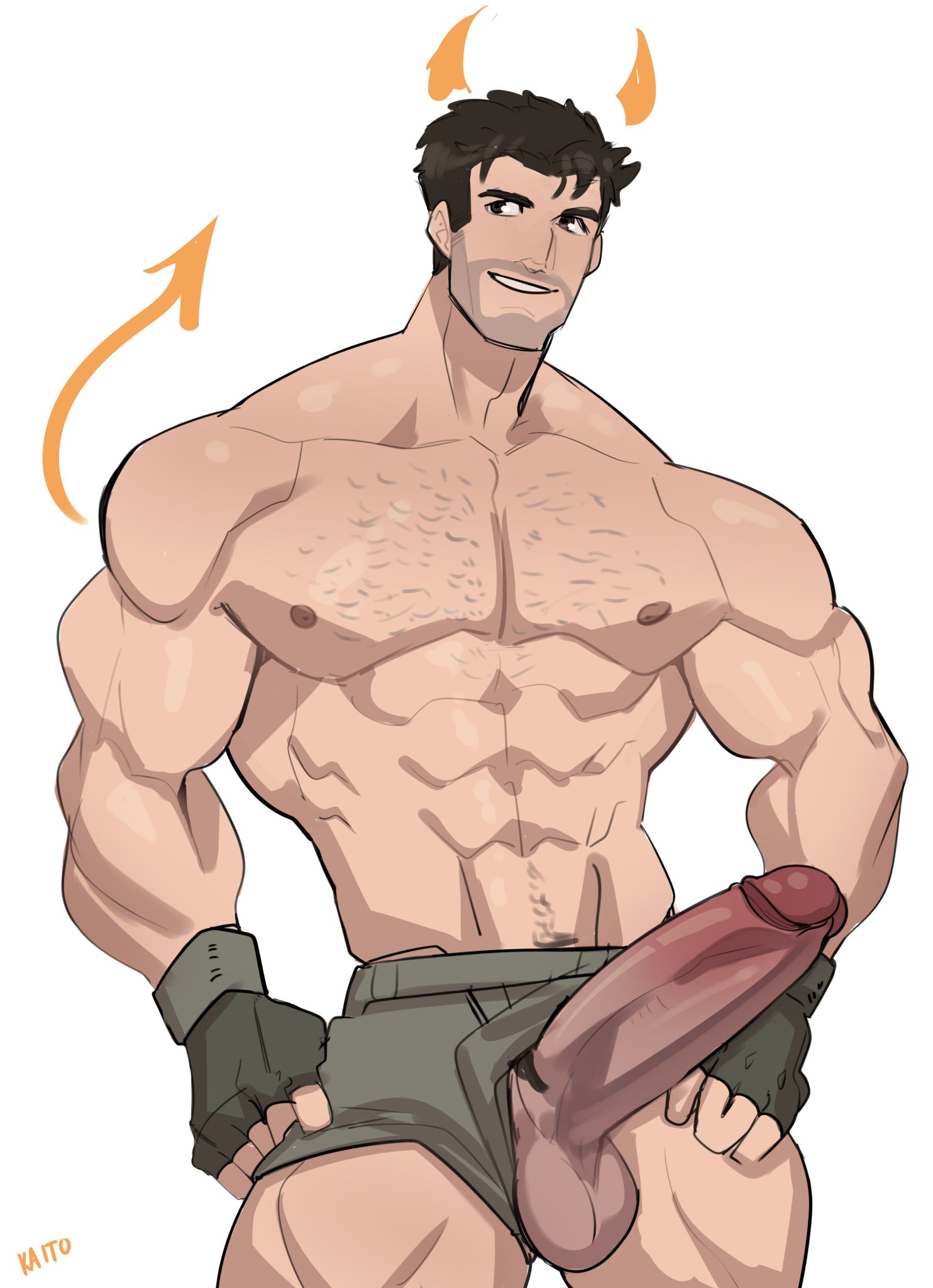 big cock, big penis, boner, chris redfield, devil, devil horns, devil tail, erect penis, erection, foreskin, hard on, huge cock, kaito draws, male, male only, muscles, muscular, muscular male, penis, penis through leghole, proud of his cock, resident evil, teasing, uncircumcised, uncut