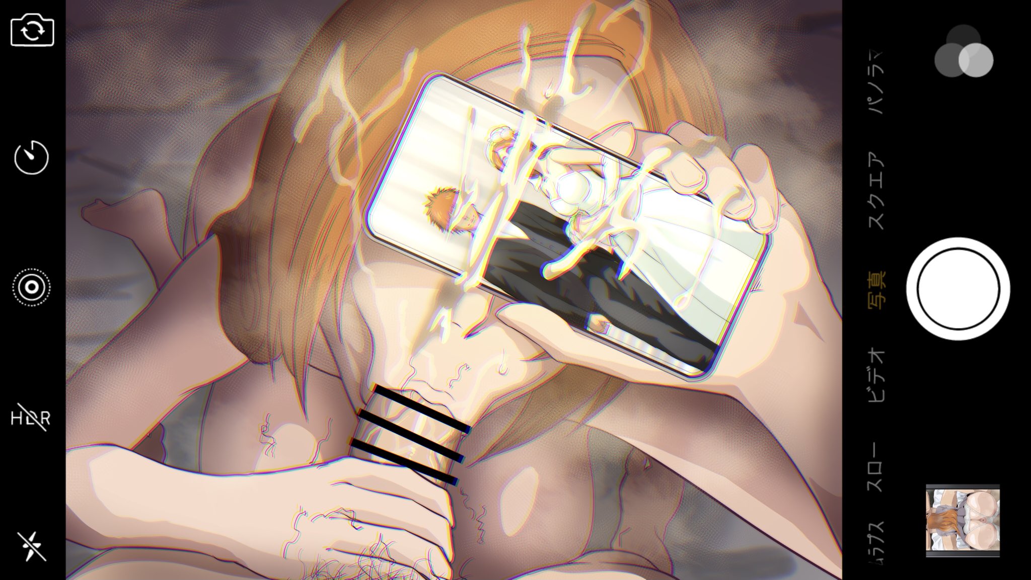 :>=, 1boy, 1girls, bar censor, big breasts, bleach, blowjob, breasts, censor bar, censored, cum, cum on face, cum on hair, facial, fellatio, female, holding phone, inoue orihime, iwao178, large breasts, long hair, male, netorare, no artist signature, orange hair, phone, phone screen, pov, smartphone, stray pubic hair, wedding dress