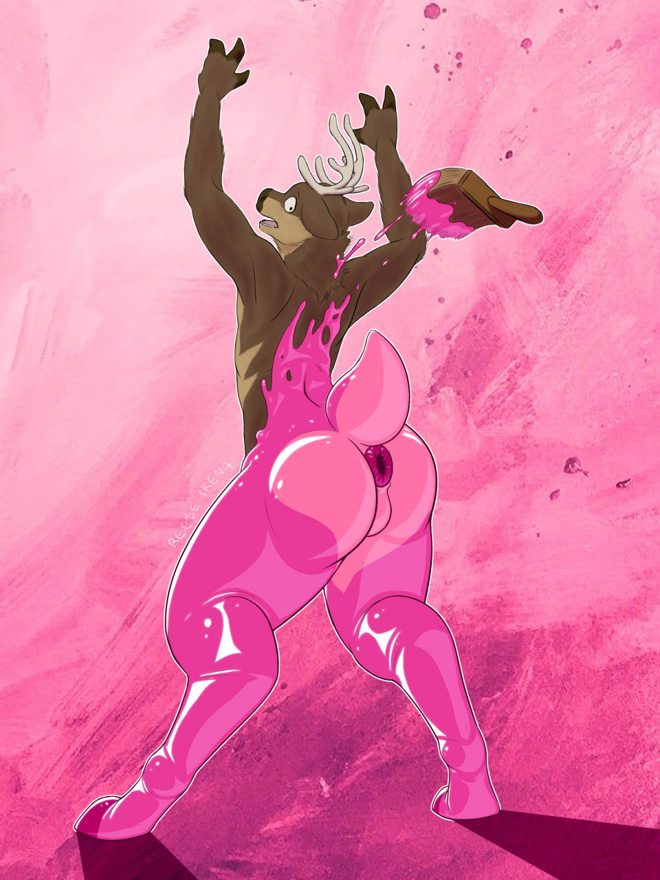 1boy 3_fingers animate_inanimate anthro antlers anus ass asshole back_view balls big_anus corruption deer donut_anus feminine_male furry girly glistening_body goo goo_transformation hooves imminent_transformation latex latex_transformation liquid_latex living_latex living_rubber male male_only mammal mid_transformation naked nude paint paint_on_body paint_transformation paintbrush paintjob pink_ass pink_balls pink_latex pink_paint reeseikena_(artist) rubber rubber_transformation shiny_latex smooth_latex solo solo_male surprise_transformation surprised surprised_expression tail taint transformation unexpected_transformation unwilling_transformation