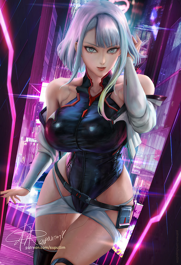 1girls asian asian_female big_ass big_breasts cd_projekt_red cybernetics cyberpunk:_edgerunners cyberpunk_2077 cyborg female female_only leotard light-skinned_female light_skin lucyna_kushinada netflix nude short_hair studio_trigger supullim thunder_thighs white_hair