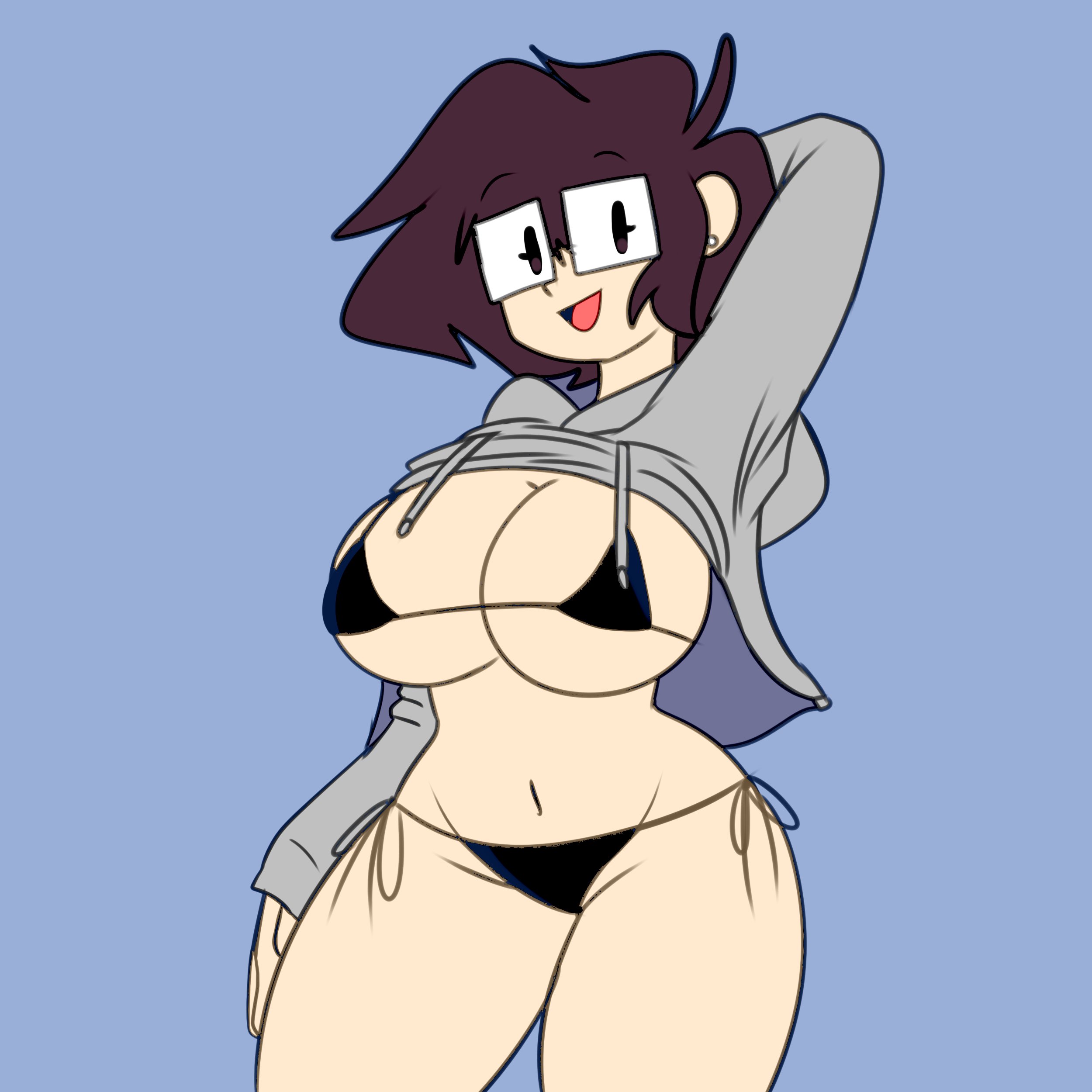 1girls, armpits, breasts, brown hair, female, glasses, lueduar, lueduartv, lulú (lueduar), short hair, solo, tagme