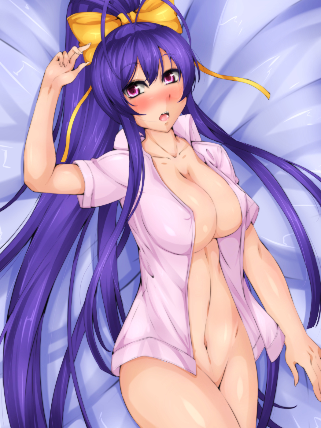 1girls 2d bed big_breasts blazblue bow breasts byakkun female female_focus female_only female_solo highres laying_down long_hair long_ponytail looking_at_viewer mai_natsume naked naked_female nipples_covered nude nude_female on_bed ponytail purple_hair solo solo_female tagme thighs