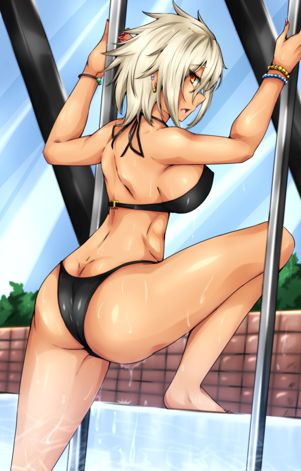 1girls 2d ass big_ass big_breasts bikini black_bikini blazblue breasts bullet_(blazblue) byakkun female female_focus female_only female_solo getting_out_of_pool highres looking_at_viewer looking_back pool short_hair solo solo_female tagme tan tanned tanned_skin thick_thighs thighs wet